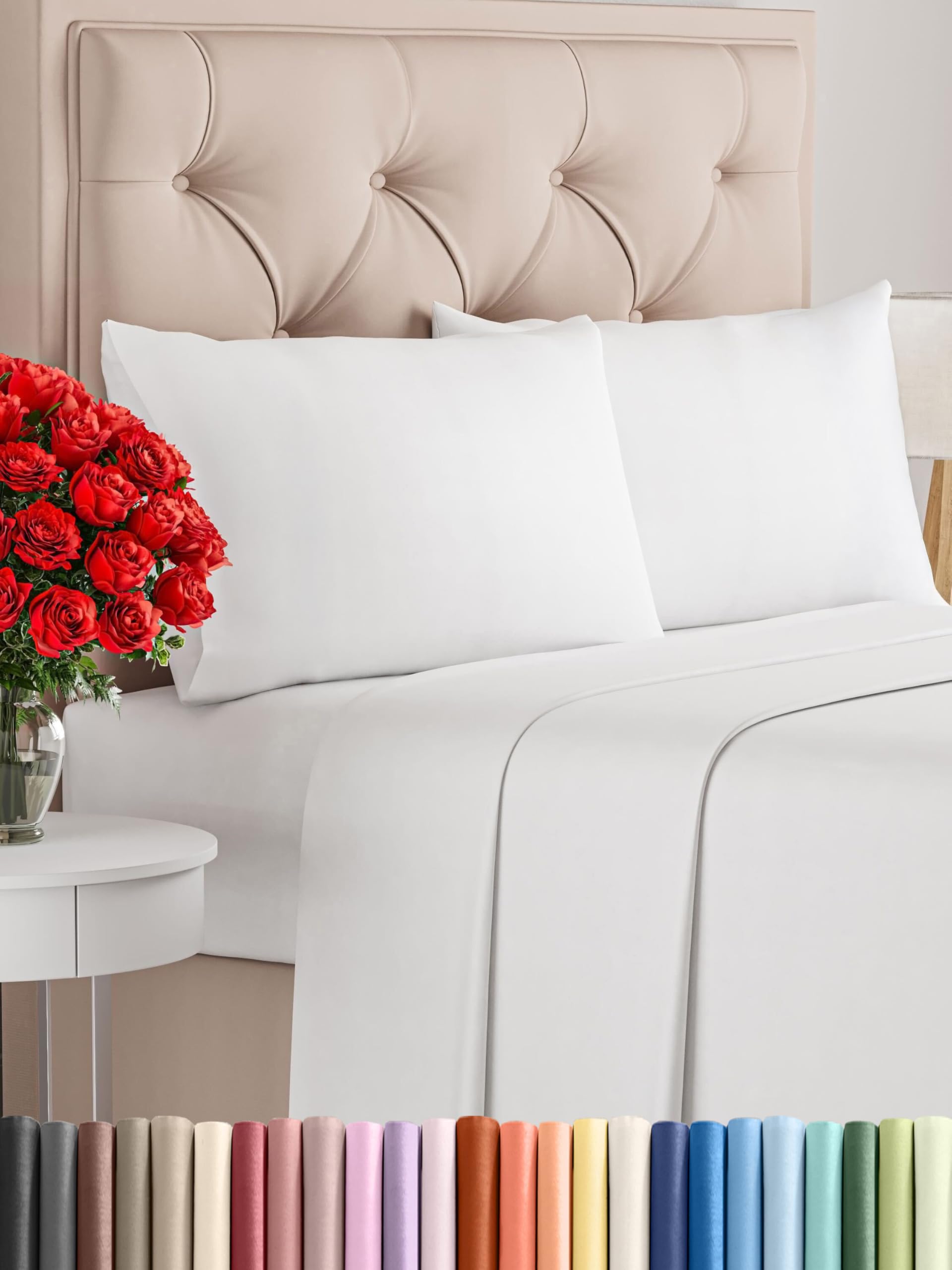 Set lenzuola matrimoniali king size 4 pezzi 180x200 cm - morbida microfibra spazzolata, traspirante e certificata OEKO-TEX - lenzuolo con angoli, lenzuolo piatto 270x290 e 2 federe 50x80 - Bianco