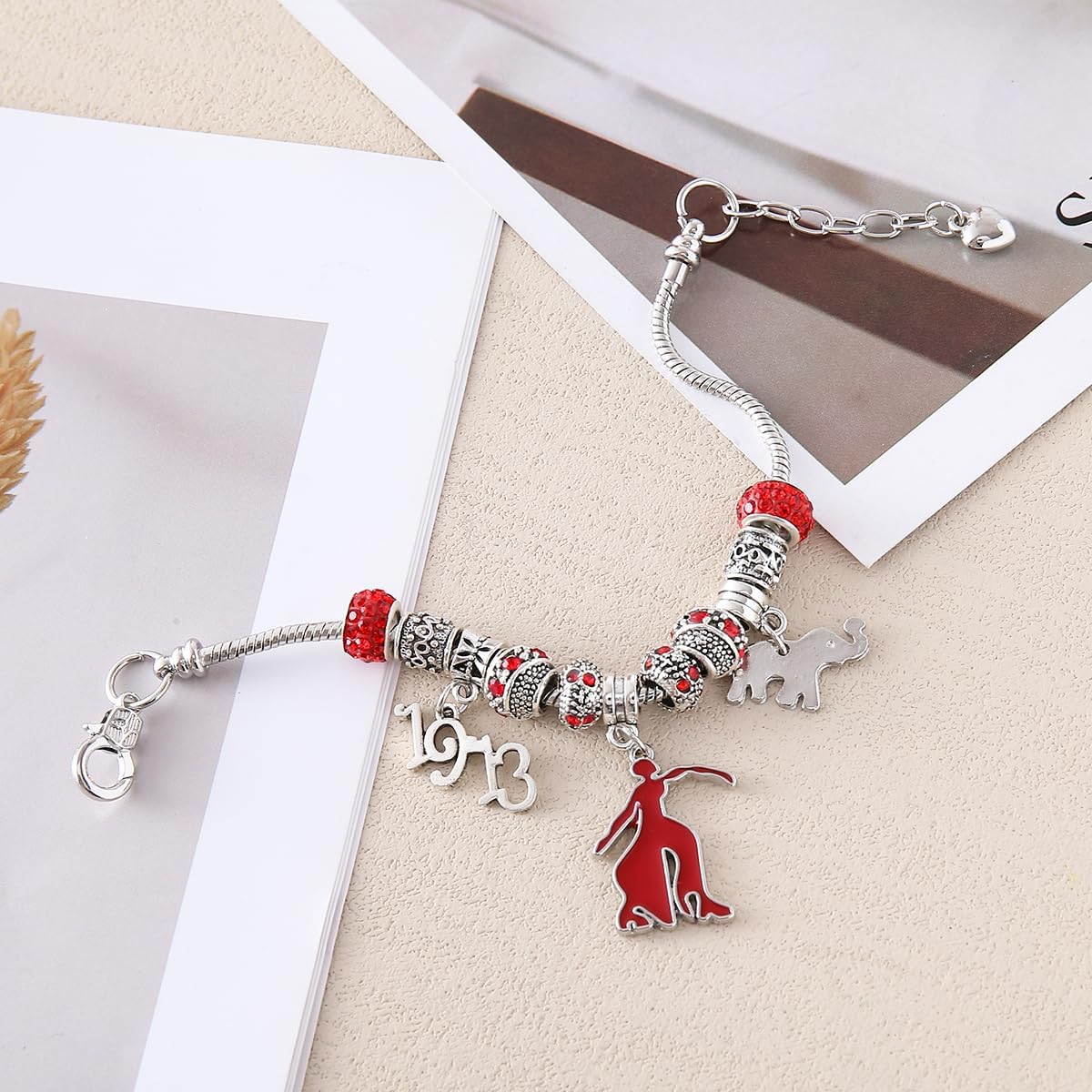 Sorority Jewelry Metal Red Beads Greek Elephant Fortitude Charm 1913 Bracelet For Lady Community Club Member Gifts