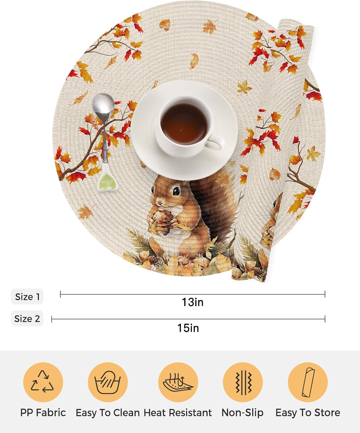 Fall Round Placemats Set of 4 Maple Leaf Tree Branch Thanksgiving Place Mats Woven Placemat Squirrel Pine Cone Circle Braided Table Mat for Kitchen Dining Table Holiday Party Decorations 15 Inch