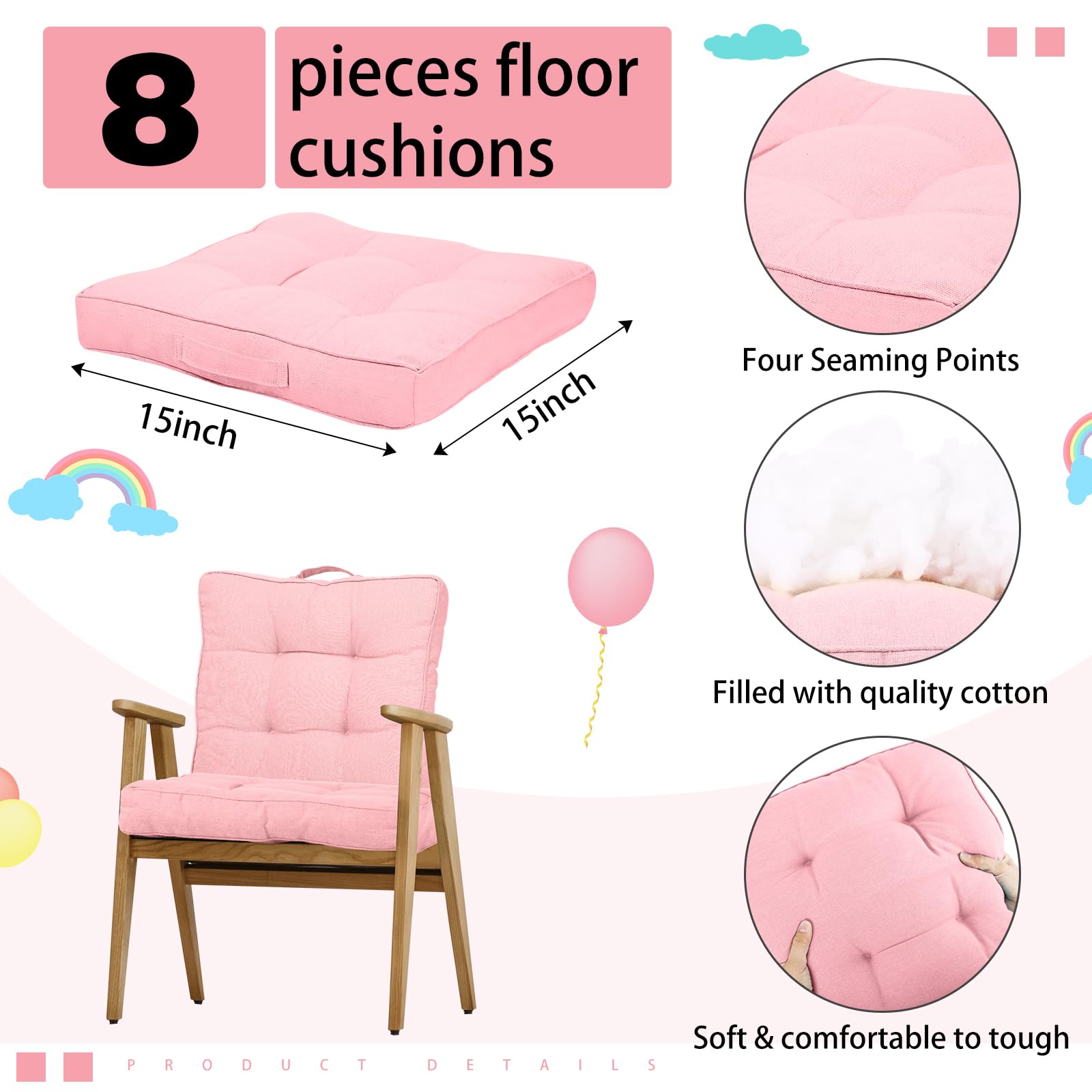 Gerrii 8 Pieces Floor Cushions for Kids Classroom Flexible Floor Seating Cushions Floor Pillows for Home School Kindergarten Daycare Nursery(Bright Color,Square)