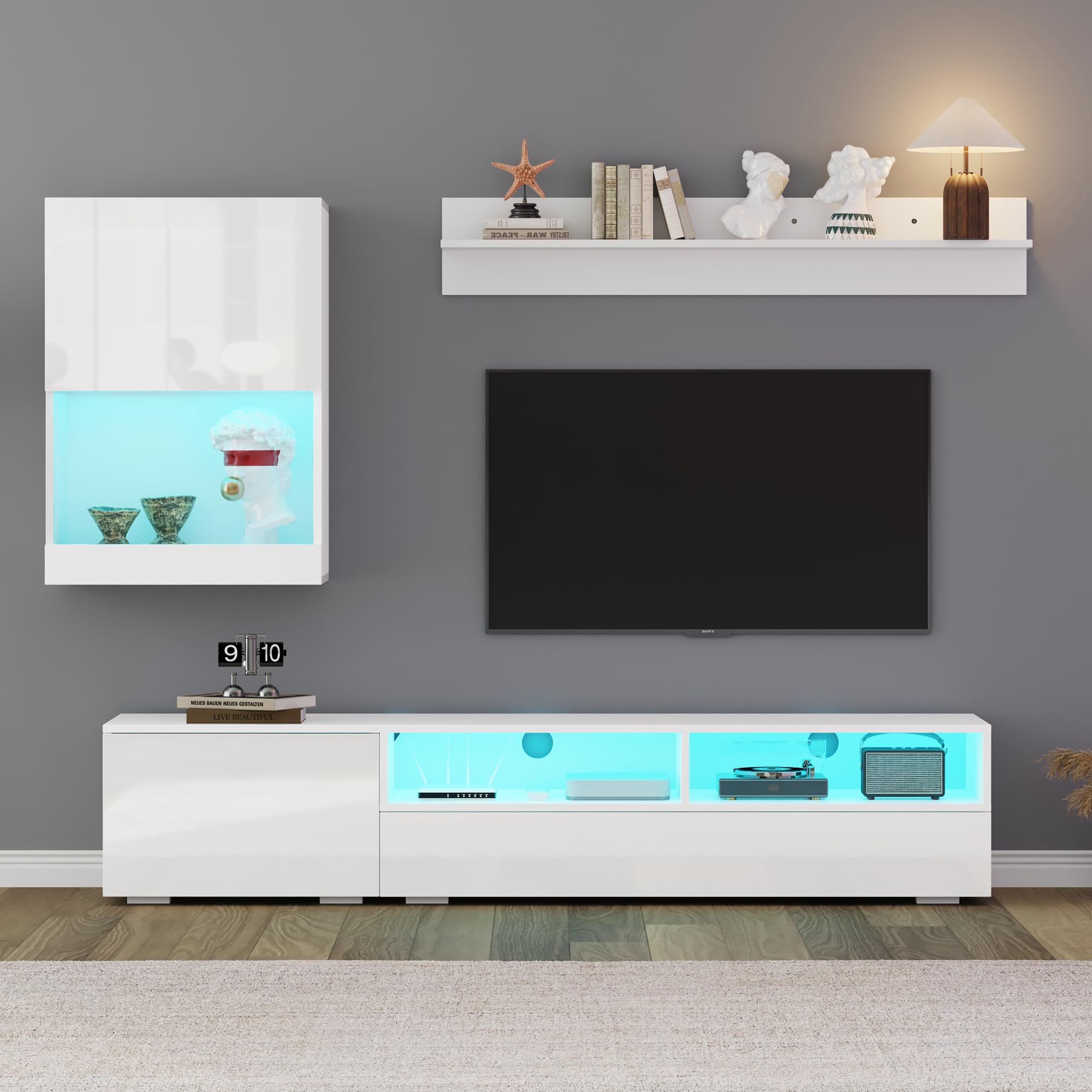 Mueble de salón, mueble de TV, juego de muebles de salón (juego completo, 3 unidades), mueble TV (vitrina, LED, alto brillo), estantería de pie o de pared (de pie o colgante), para TV de