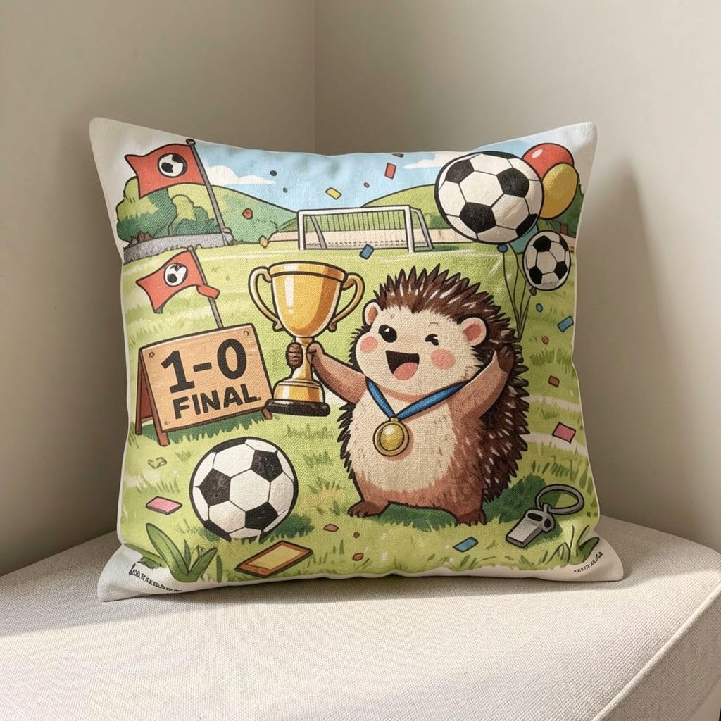 Soccer-03 Hedgehog Soccer Champion Throw Pillow Cover, Trophy Football Cushion Case