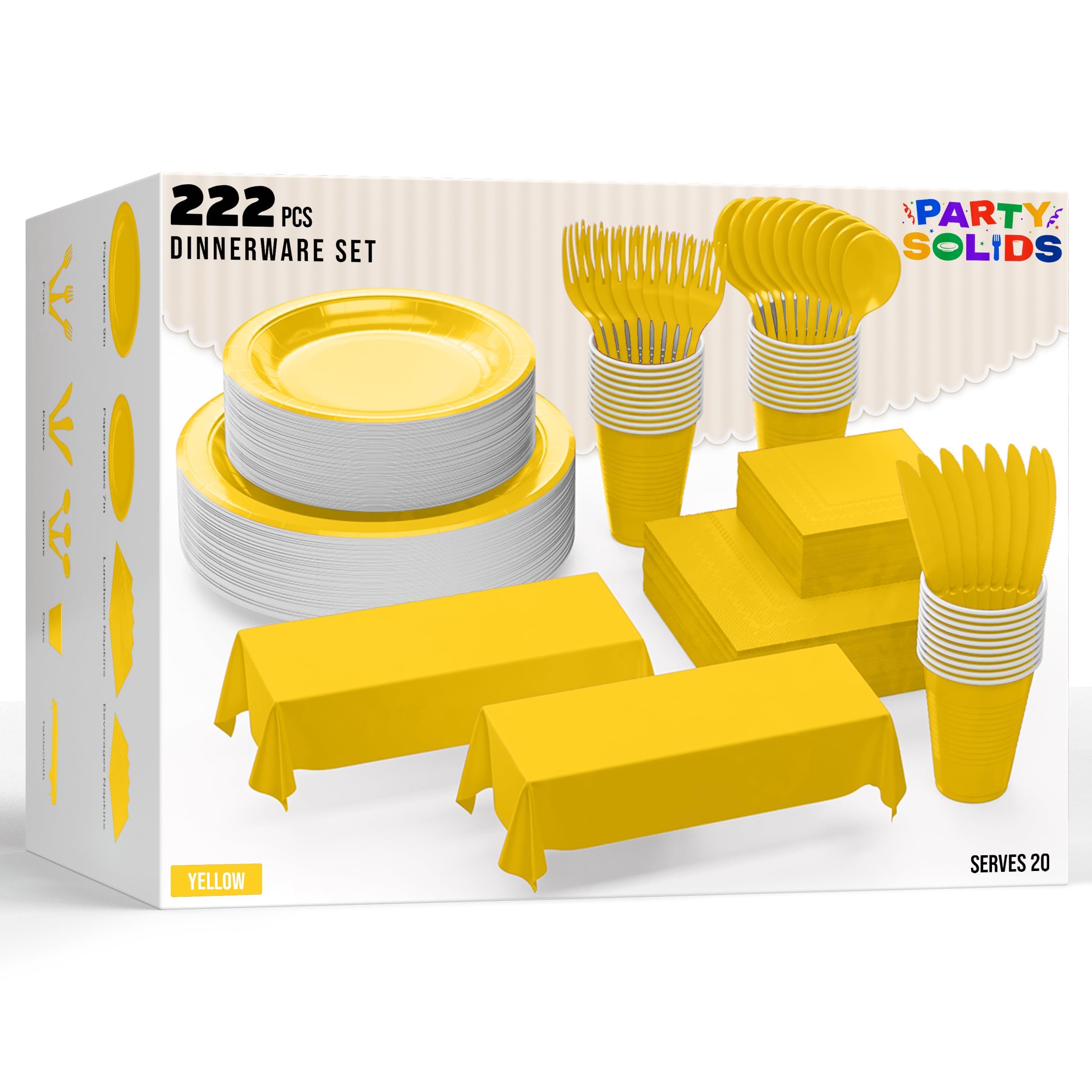 Party Solids 222 Pcs Yellow Paper Plates and Napkins Sets, Disposable Plates For Party, Lunch & Cocktail Napkins Paper, 18oz Plastic Cups, Cutlery and