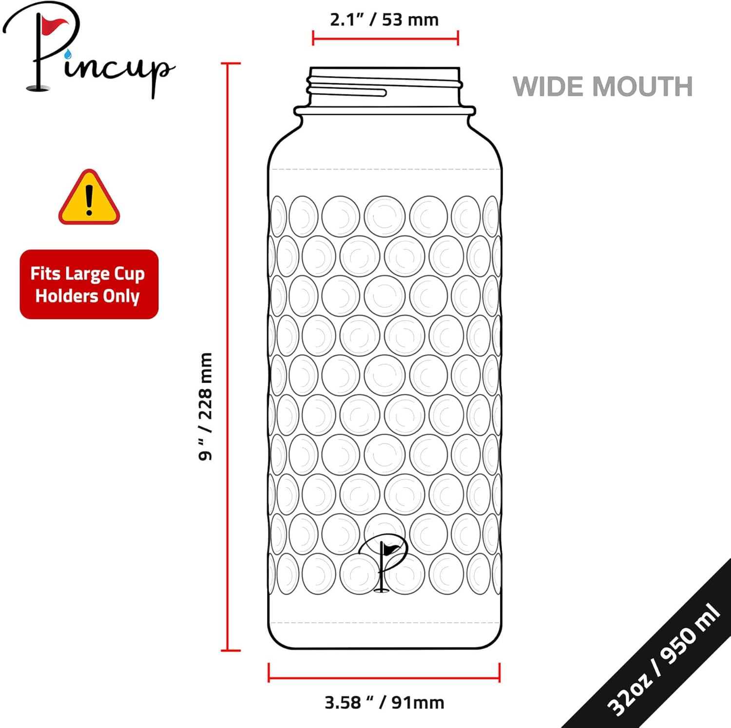 PINCUP Golf Ball Water Bottle, Dimple Textured Insulated Water Bottle, Black 32oz Stainless Steel Flask with Spout Lid, Golf Gifts for Men & Women