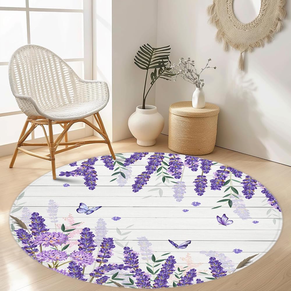 Lavender Flower Butterfly Round Area Rug Watercolor Floral Spring Rustic Farmhouse Vintage Gray Wood Board Purple Wildflowers Fashion Girl Circle Mat Kitchen Living Bedroom Bathroom Carpet 3.94 ft