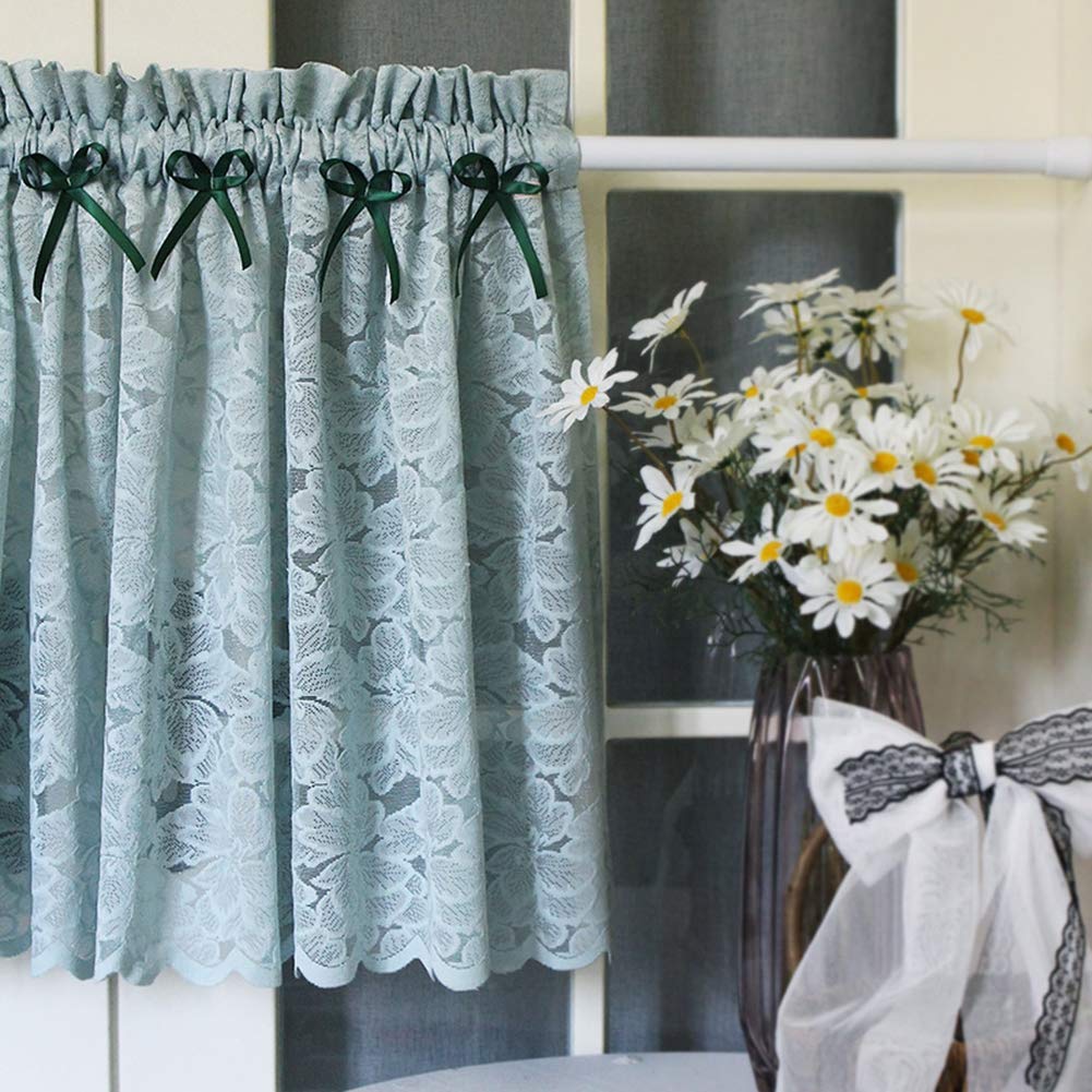 Demi-rideau de cuisine bleu sarcelle floral en dentelle fait main pour petite fenêtre de salon