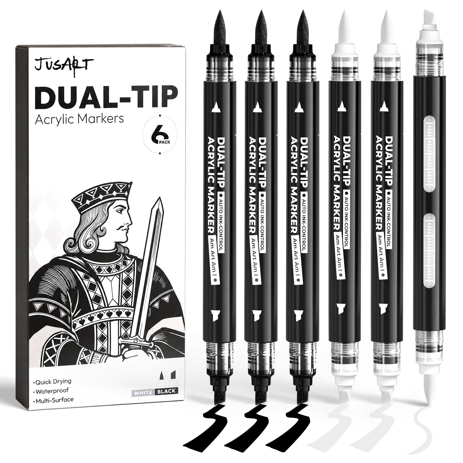 JusArt 6 Black & White Acrylic Paint Markers, Dual Tip Markers for Drawing | Automatic In…
