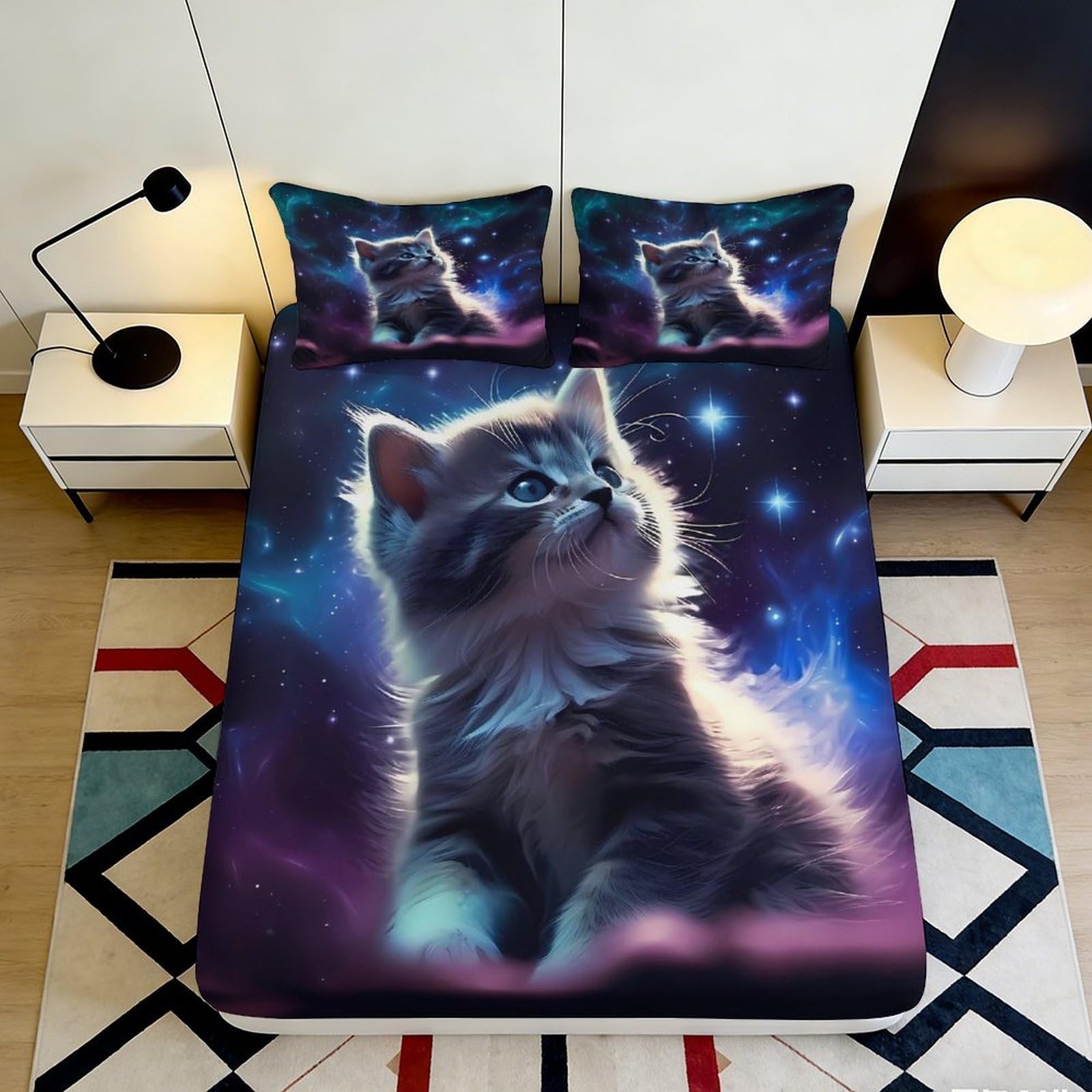 3D Printed Starry Cat Fitted Sheet Microfiber Soft Galaxy Night Mattress Cover for Bedroom Dorm Decor 90x200x25cm
