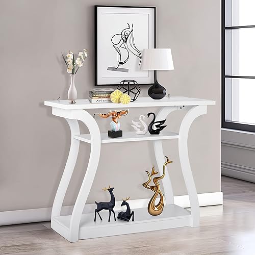 Miniatura 6 de ZenStyle Mesa consola de madera con patas curvadas y estante mesa de sofá moderna de 3 niveles para entrada sala de estar pasillo 47 pulgadas de