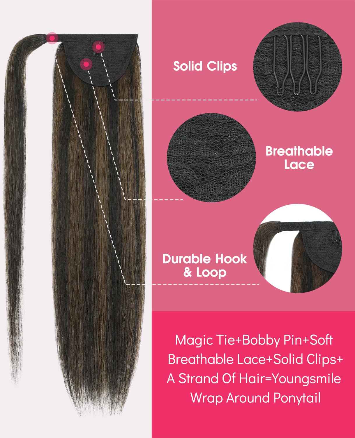 Youngsmile Ponytail Extensions Human Hair 14 Inch 65g Wrap Around Ponytail Remy Hair Extensions Clip in with Magic Paste Color 1B Natural Black mixed 4 Medium Brown (PT#1BP4-14Inch)