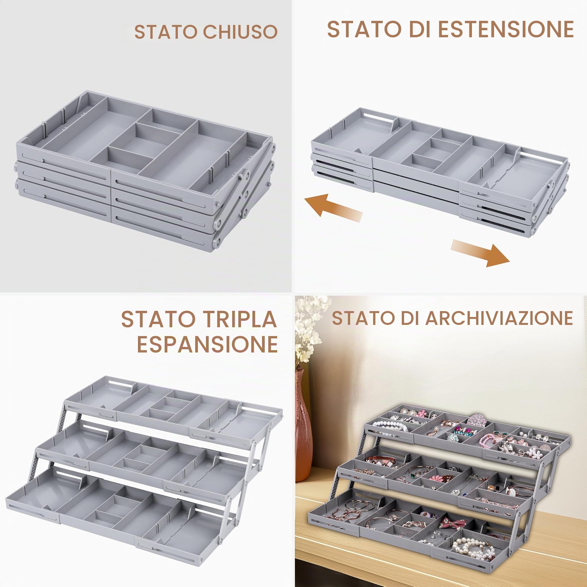 Belle Vous Organizer per Cassetti - Divisorio Plastica con 3 Ripiani - Organizzatore Ripiegabile per Trucchi e Gadget - Porta Oggetti a Scomparti da Casa e Ufficio