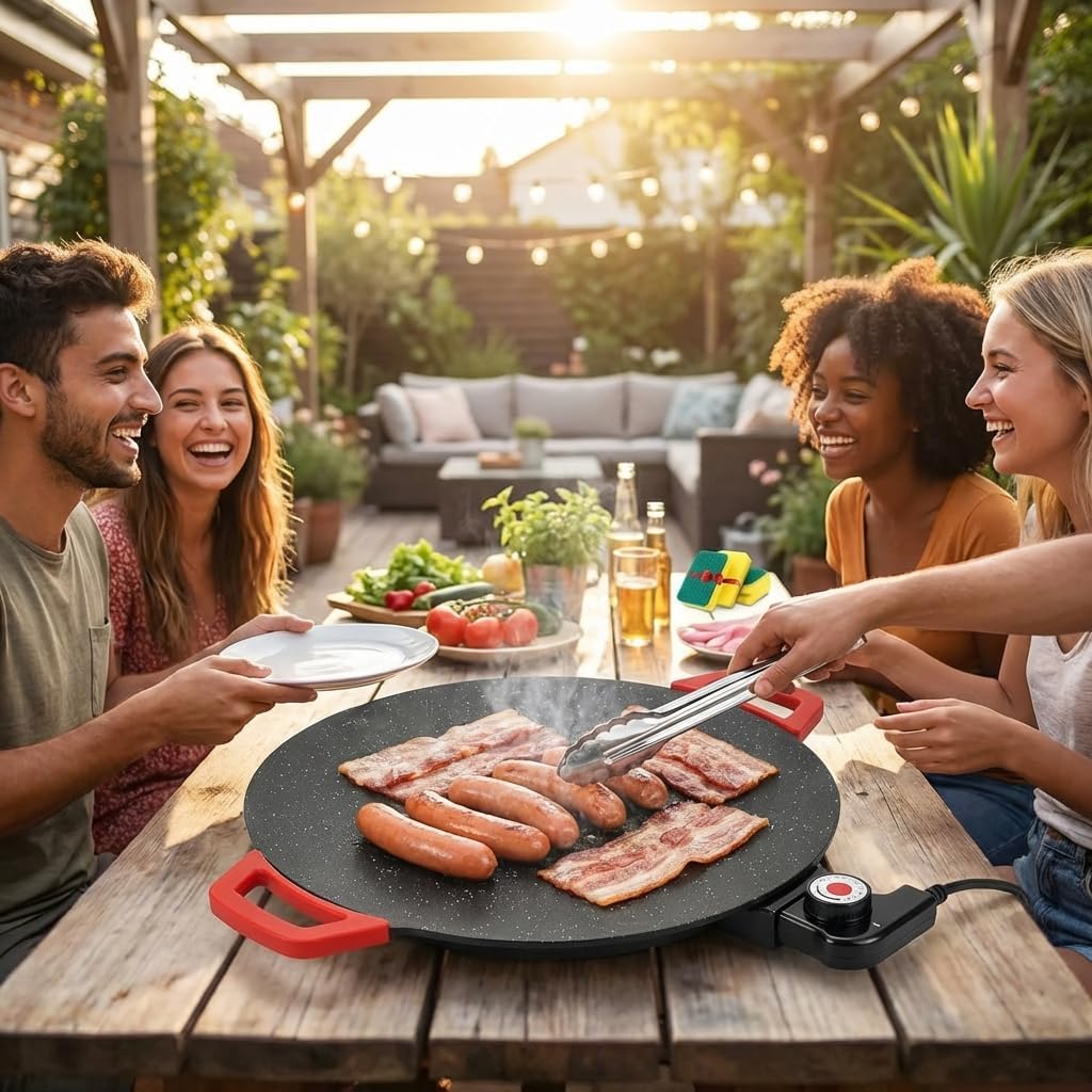 Indoor Smokeless Electric Griddle Nonstick Round Teppanyaki Grill Pan Portable Electric Griddle Indoor with Adjustable Temp for Korean BBQ, Breakfast, Camping, RV & Travel (40 cm)