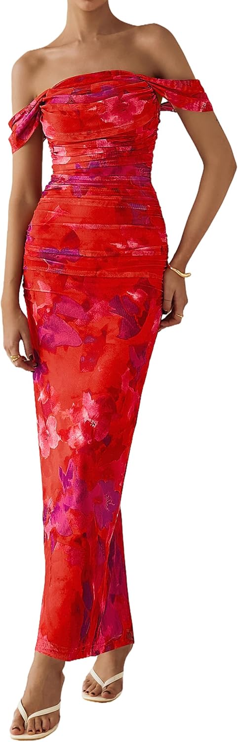 PRETTYGARDEN Cocktail Dresses for Women 2026 Summer Floral Off Shoulder Ruched Mesh Elegant Wedding Guest Maxi Dress - Image 8