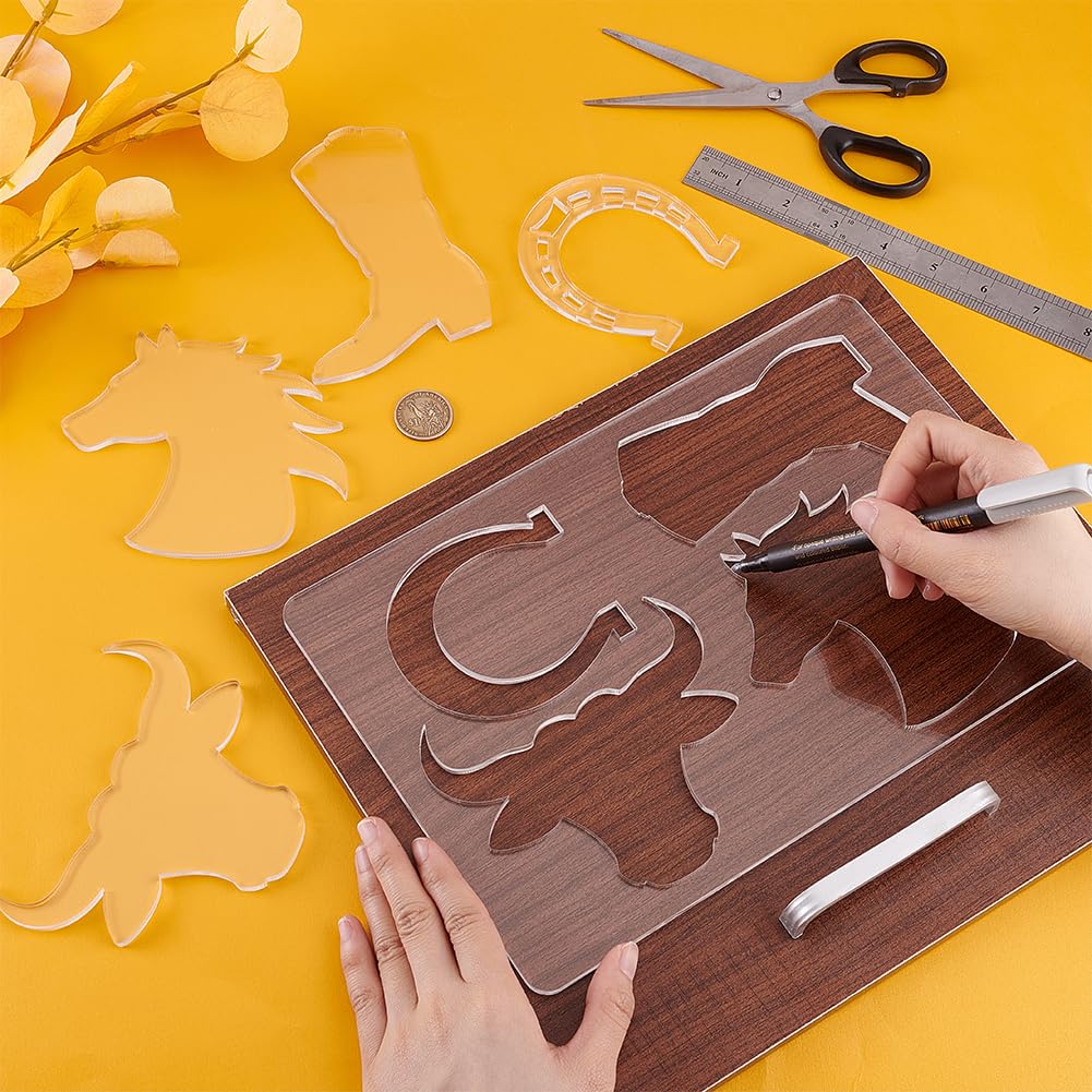 PH PandaHall Router Template for Woodworking Western Cowboy Series Boots Horseshoe Bull Horse Head Template Clear Acrylic Inlay Templates Router Stencils for Wooden Projects Handmade Crafts Making - Image 3