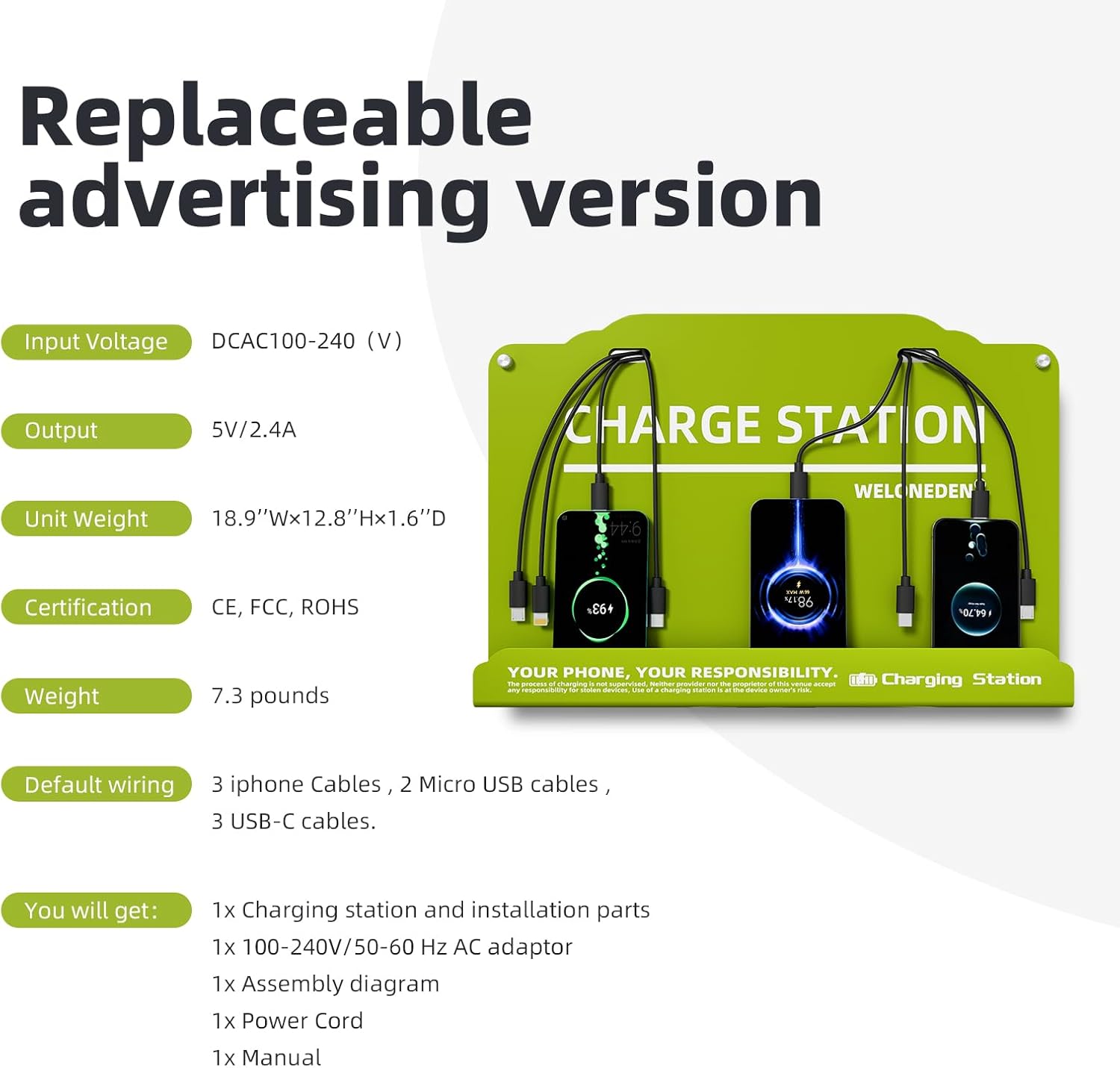 Wall Mounted Cell Phone Charging Station Mobile Phone Charging Station | Fast Charging 8 Device | Compatible with iPhone ipad Smartphone Tablets Port | Great for Offices Hotel Hospital Airport (Green)