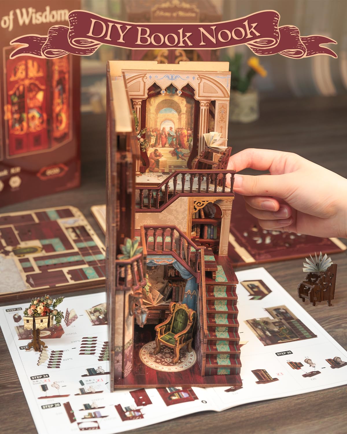 Cutefun DIY Book Nook - Kit per casa delle bambole in miniatura 3D, in legno, per libreria, con inserto per libreria, modello di costruzione, kit regalo creativo con luce (Library of Wisdom)