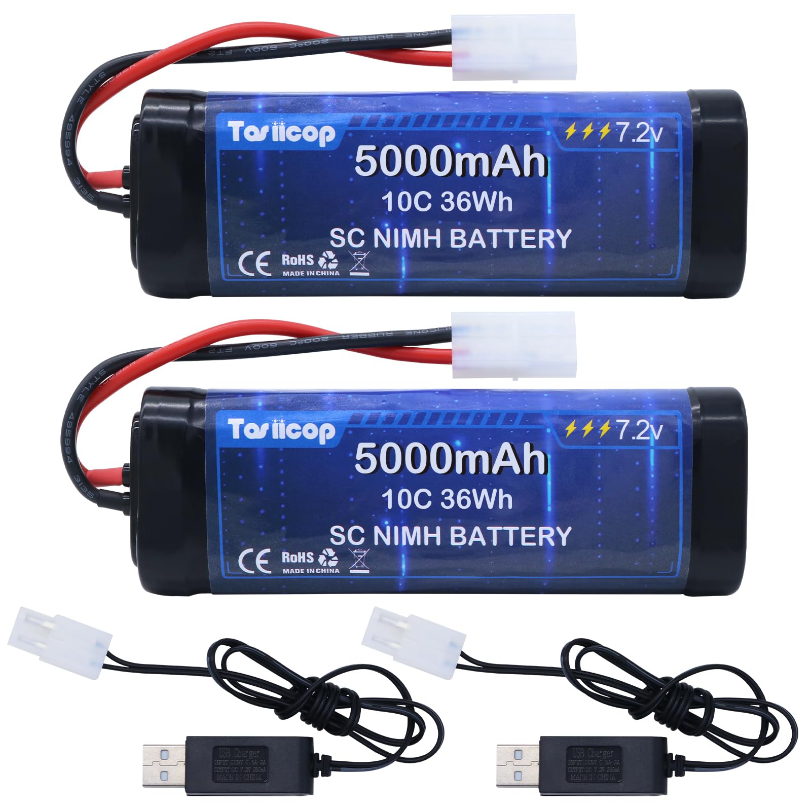 Batteria RC NiMH 7,2 V 5000 mAh – 7,2 Volt RC Auto Batterie compatibili con spina Tamiya Telecomando Auto Batteria per Remote Control Car Camion Monster Trucks Boot Buggy Aeroplane 2 pezzi