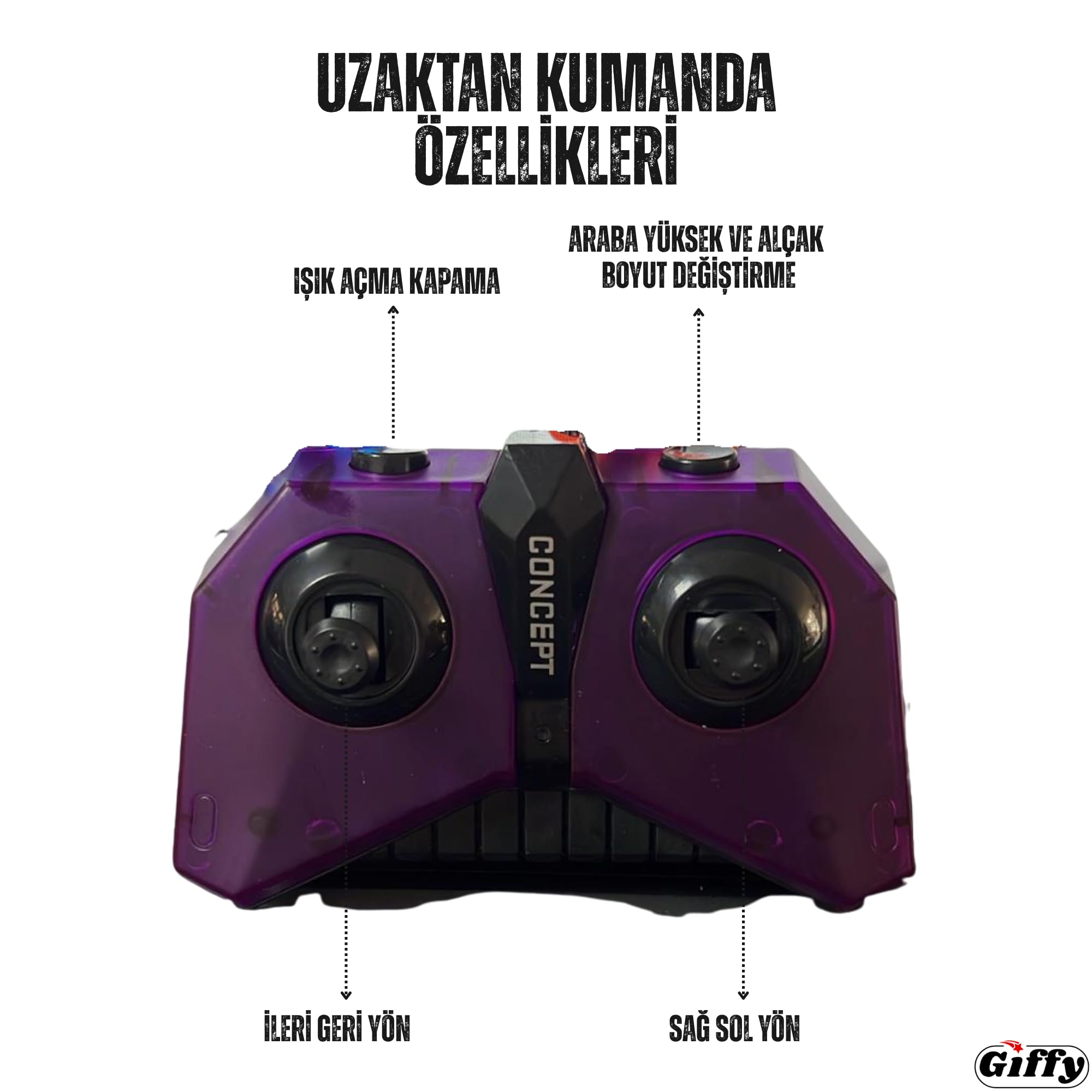 Giffy/Oyuncak Uzaktan ve Bilek Kumandalı Şarjlı Led Işıklı Full Fonksiyon Akrobat Drift Aracı (Mor)