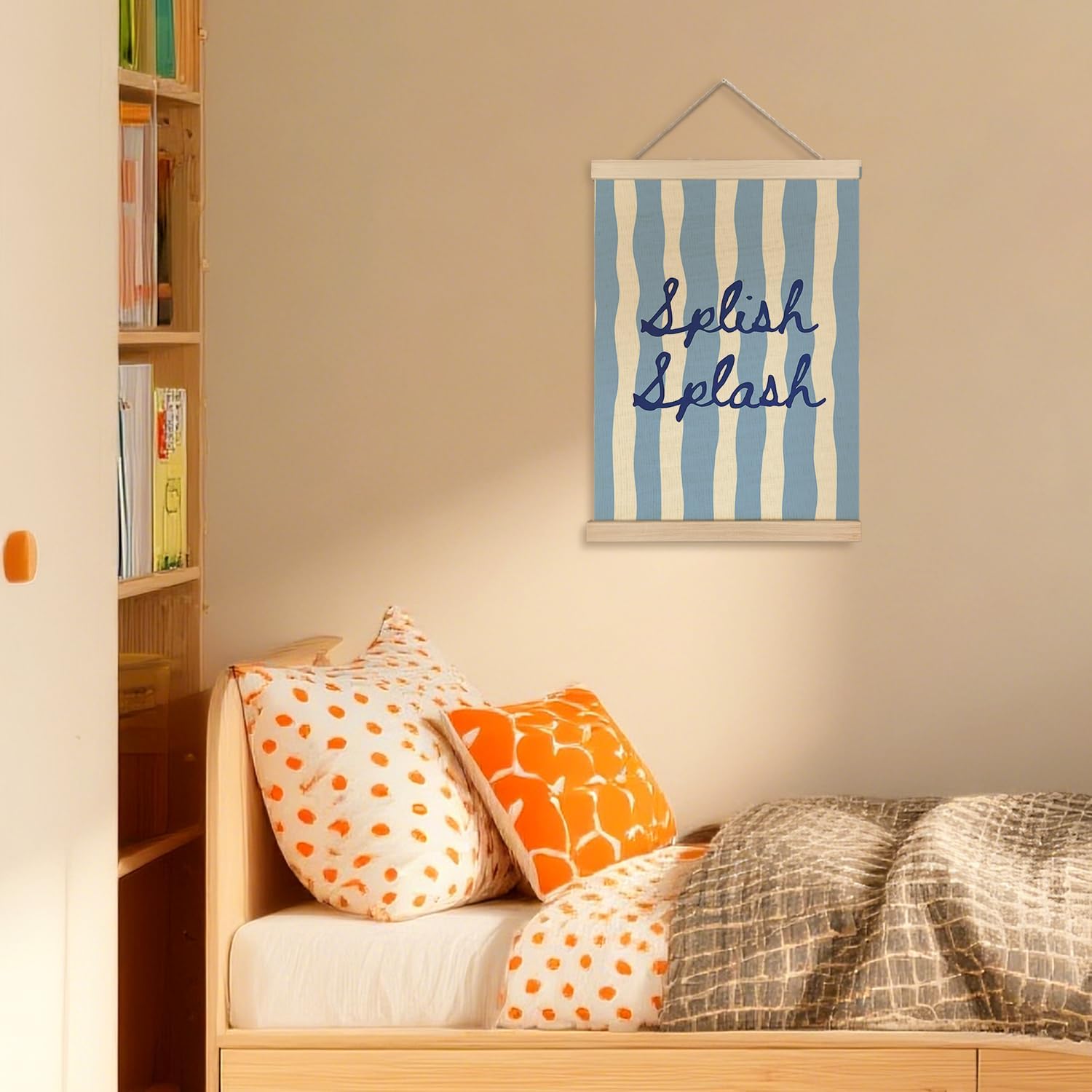 FWSFD Trendy Blue Kids Bathroom Wall Art Decor Poster, Cute Splish Splash Blue Striped Hanging Wall Decor Canvas Prints Artwork for Boys Kids Bathroom Washroom Restroom, 12x16 Inches
