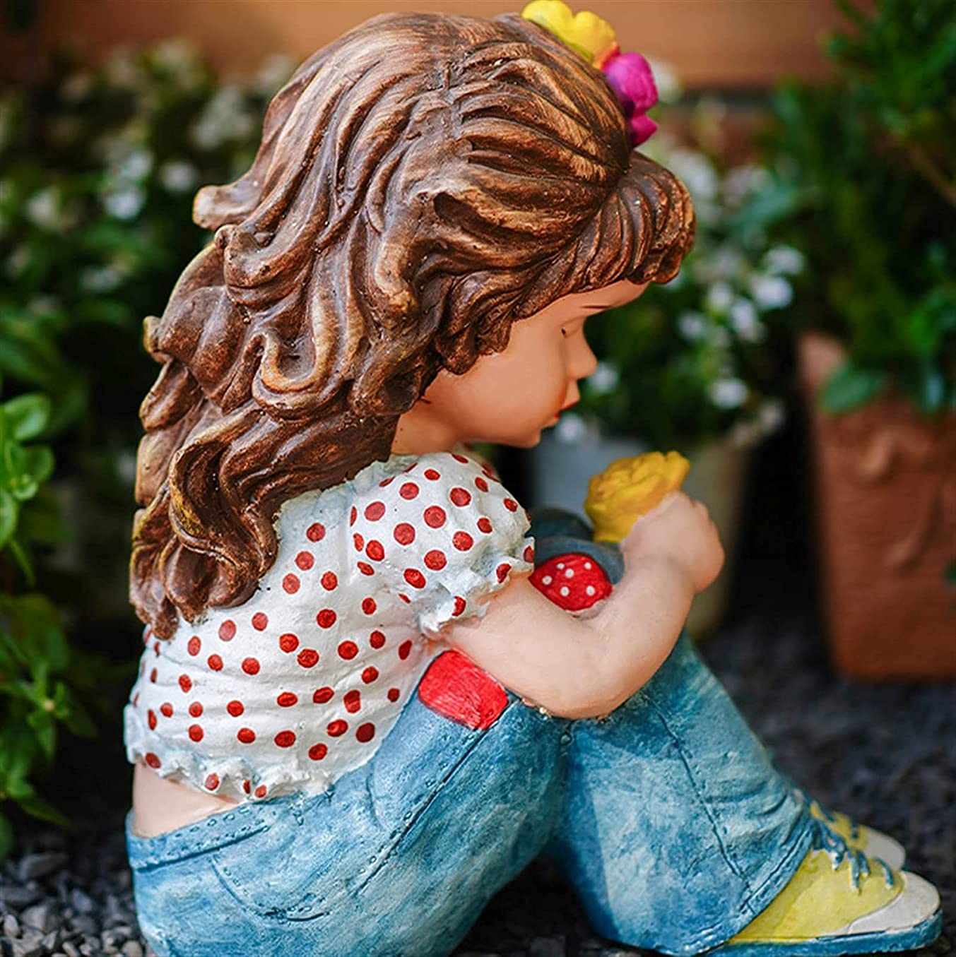 Figurka na zewnątrz patio ozdoba rustykalna siedząca dziewczyna statuetka na balkon ogród ozdoba, 34 cm wysokości