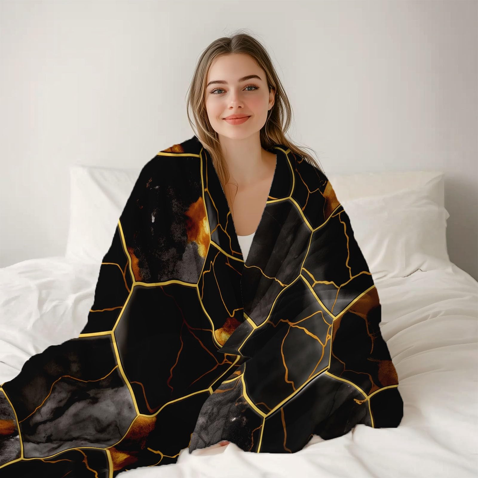 Coperta in pile 200 x 220 cm Eleganti Esagoni Di Lusso, Coperta in pile Nero in flanella per 2 persone, stampati, morbidi e caldi per divano letto