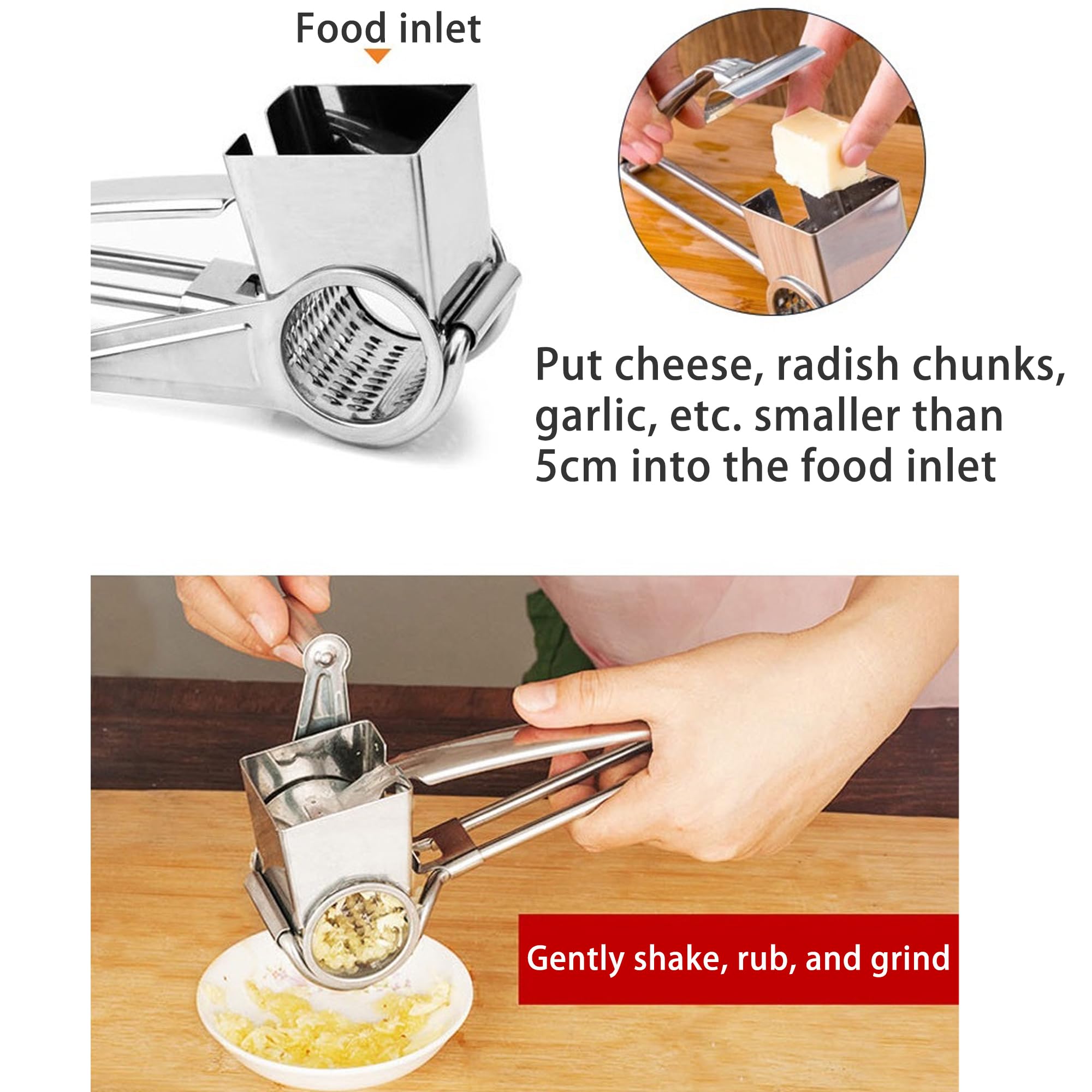SUQ 4 in 1 Grattugia Formaggio, Grattugia Rotativa Portatile con Manico per Cucina con 3 Lame Sostituibili in Acciaio Inox, Grattugia Rotativa Manuale per Formaggio, Affettatrice per Verdure