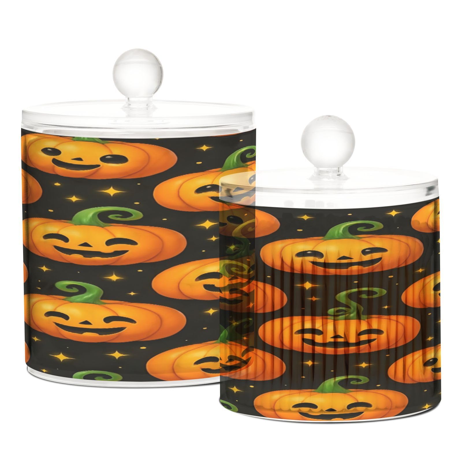 BOESI Bathroom Organizer Set of 2, Cotton Swab Caddy with Lid Dispenser, Cute Graffiti Halloween Pumpkin