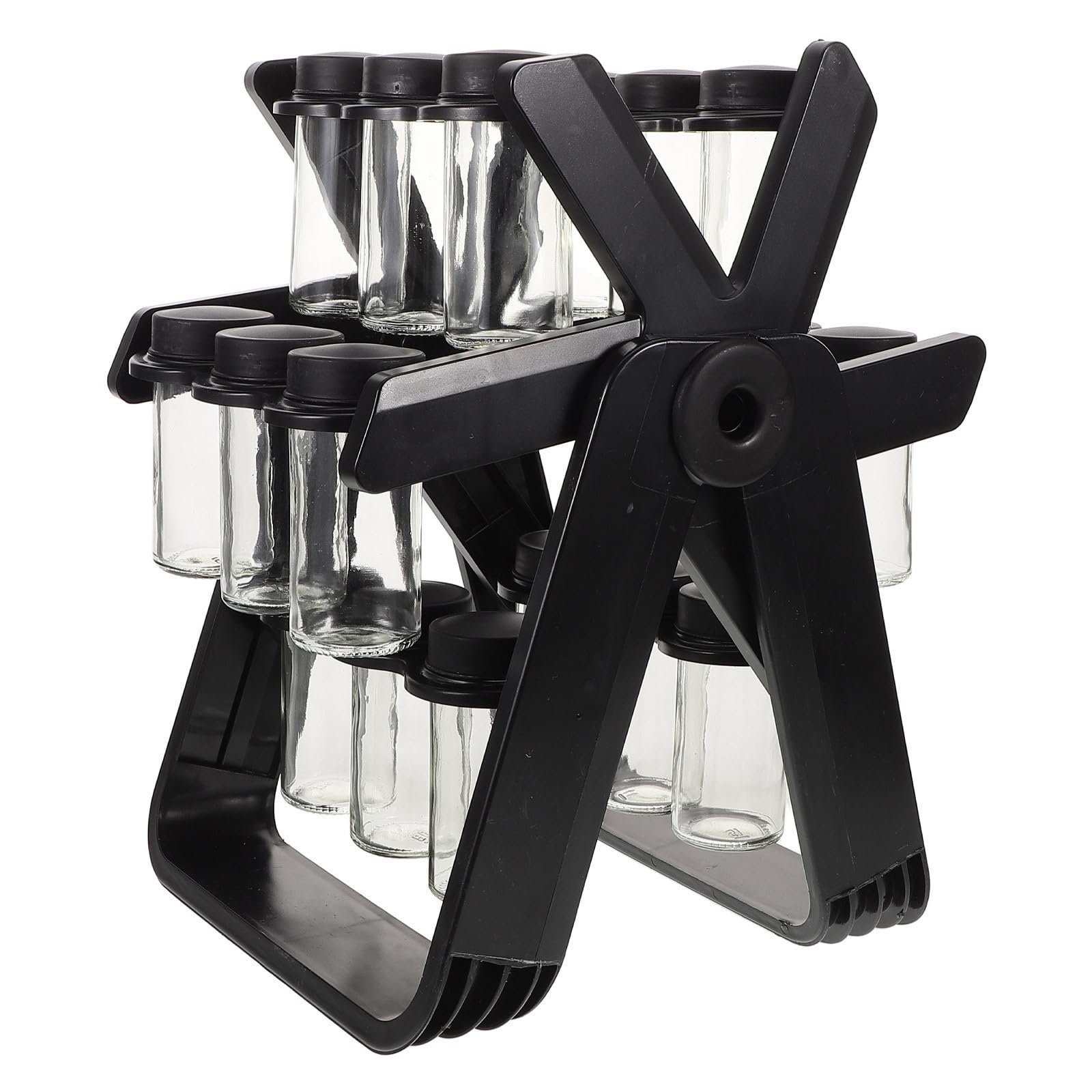 Especiero Giratorio para Cocina con Frascos de Vidrio Transparentes y Tapas Herméticas, Soporte de Plástico con Diseño de Rueda Fortuna para Organizar Condimentos