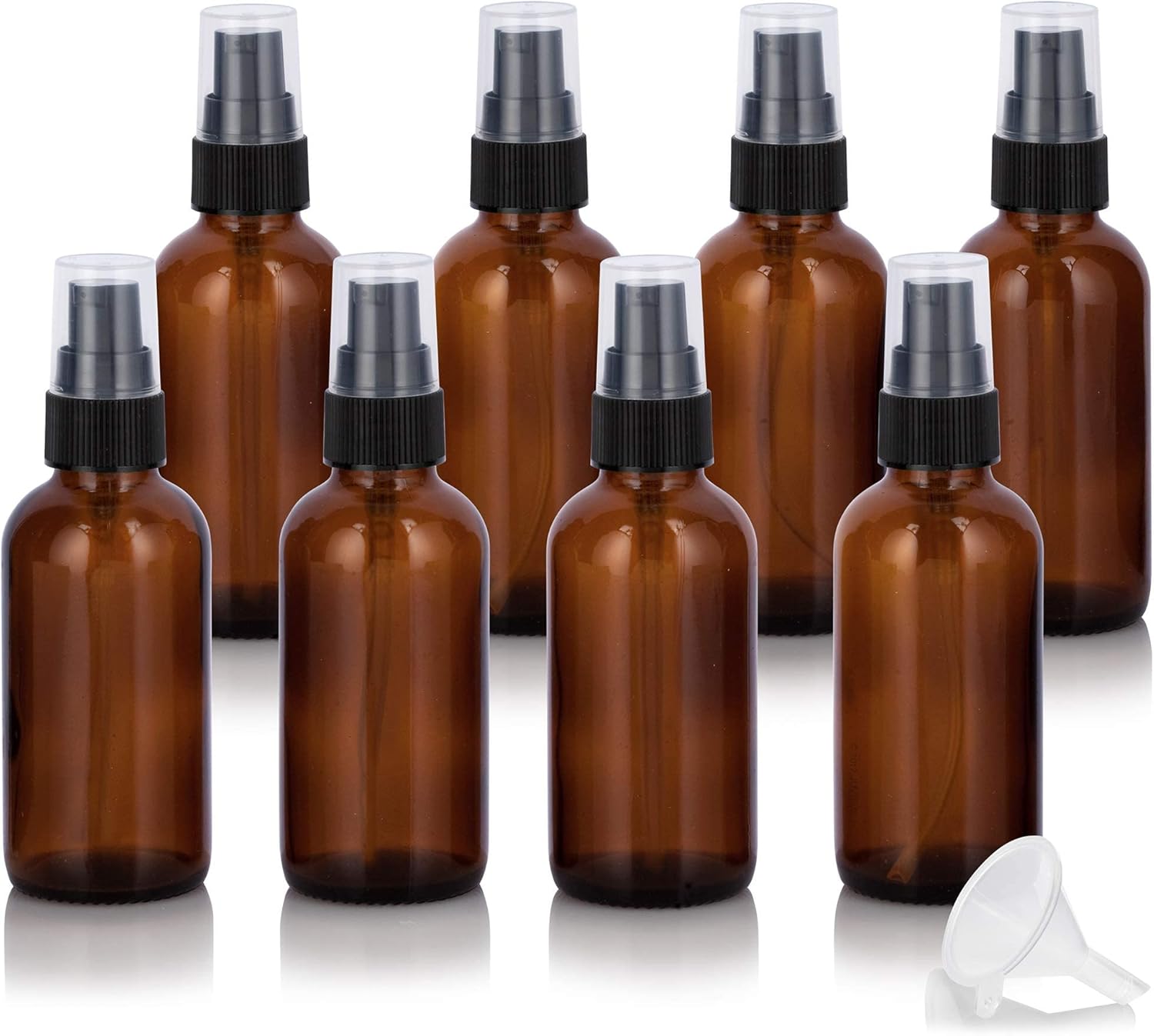 JUVITUS (8 pack) 2 oz Amber Glass Boston Round Black Treatment Pump Bottle + Funnel