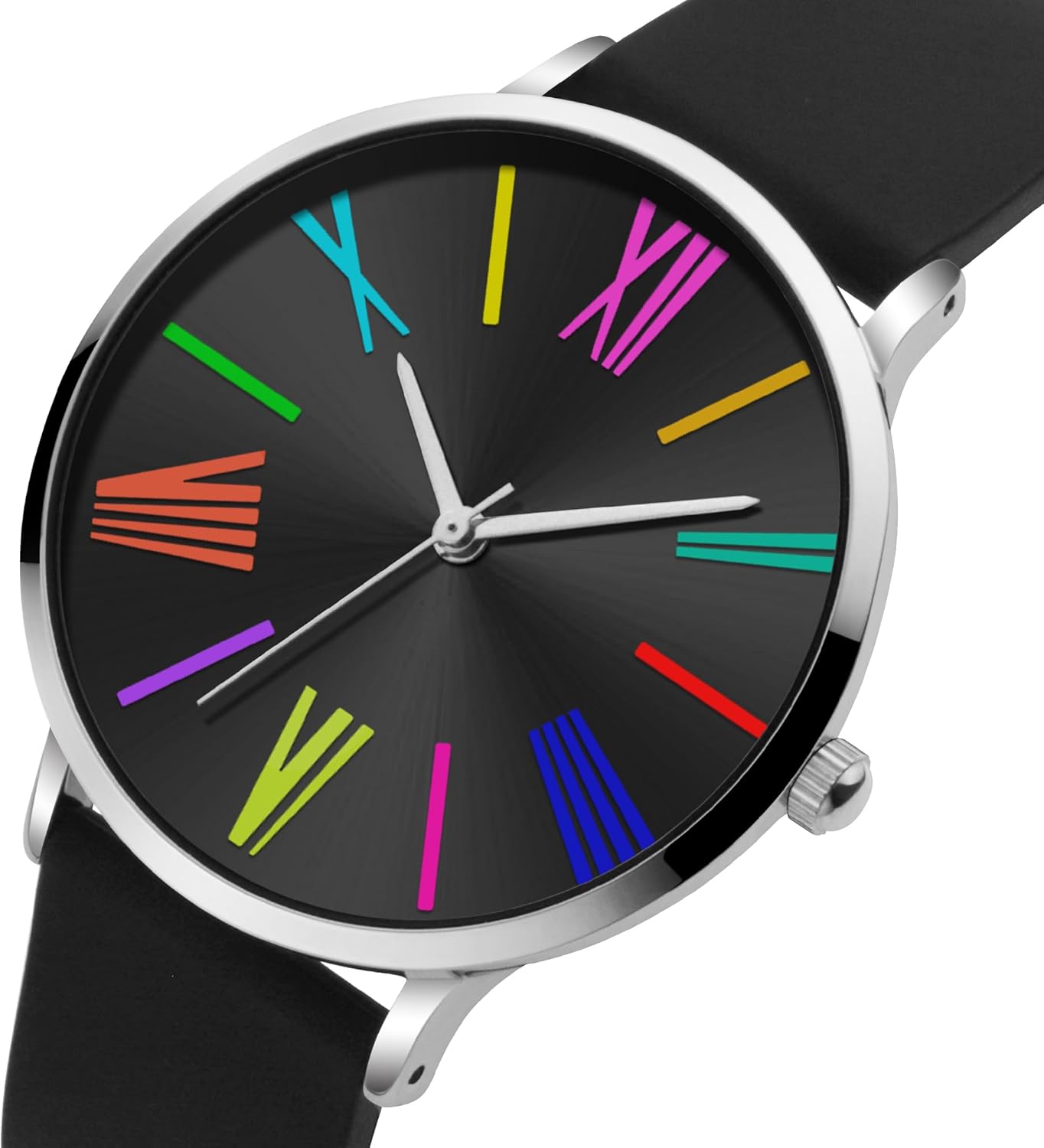 37mm Women's Analog Waterproof Large Face Watch, Easy Reader Dial,Anti-Stain Wear-Resistant Silicone Ladies Watch for Office, Shopping & Sports, Black with Rainbow Dial（Black - Image 2