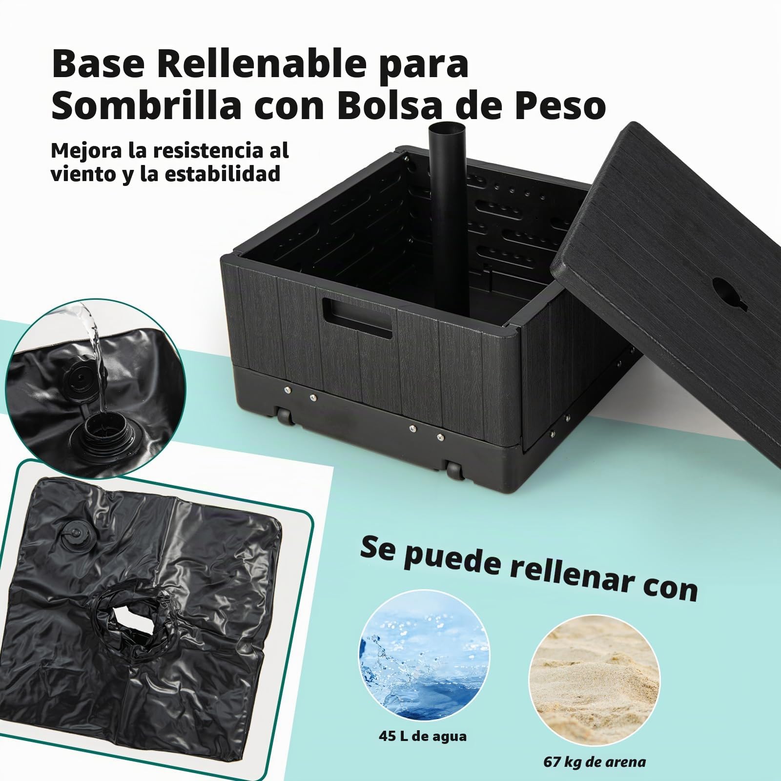 KOMFOTTEU Soporte para Sombrilla con Ruedas y Bandeja de Mesa, Base de Sombrilla Rellenable de 45L de Agua/67kg de Arena, Base para Sombrilla de 38/48 mm con Asa