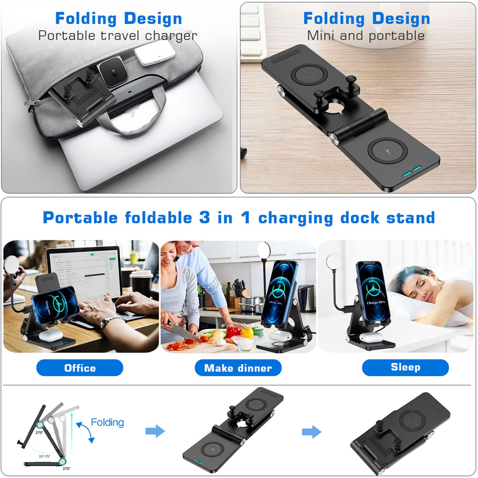 Cargador inalámbrico 4 en 1 estación de carga plegable de 18 W, compatible con carga de auricular de reloj de teléfono móvil(Negro)