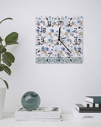 Miniatura 3 de Nautical Coastal Wooden Wall Clock Silent Non Ticking, Starfish Shells Coral Scales Blue Ocean Theme Square Wall Clock Battery Operated, Decor Clock