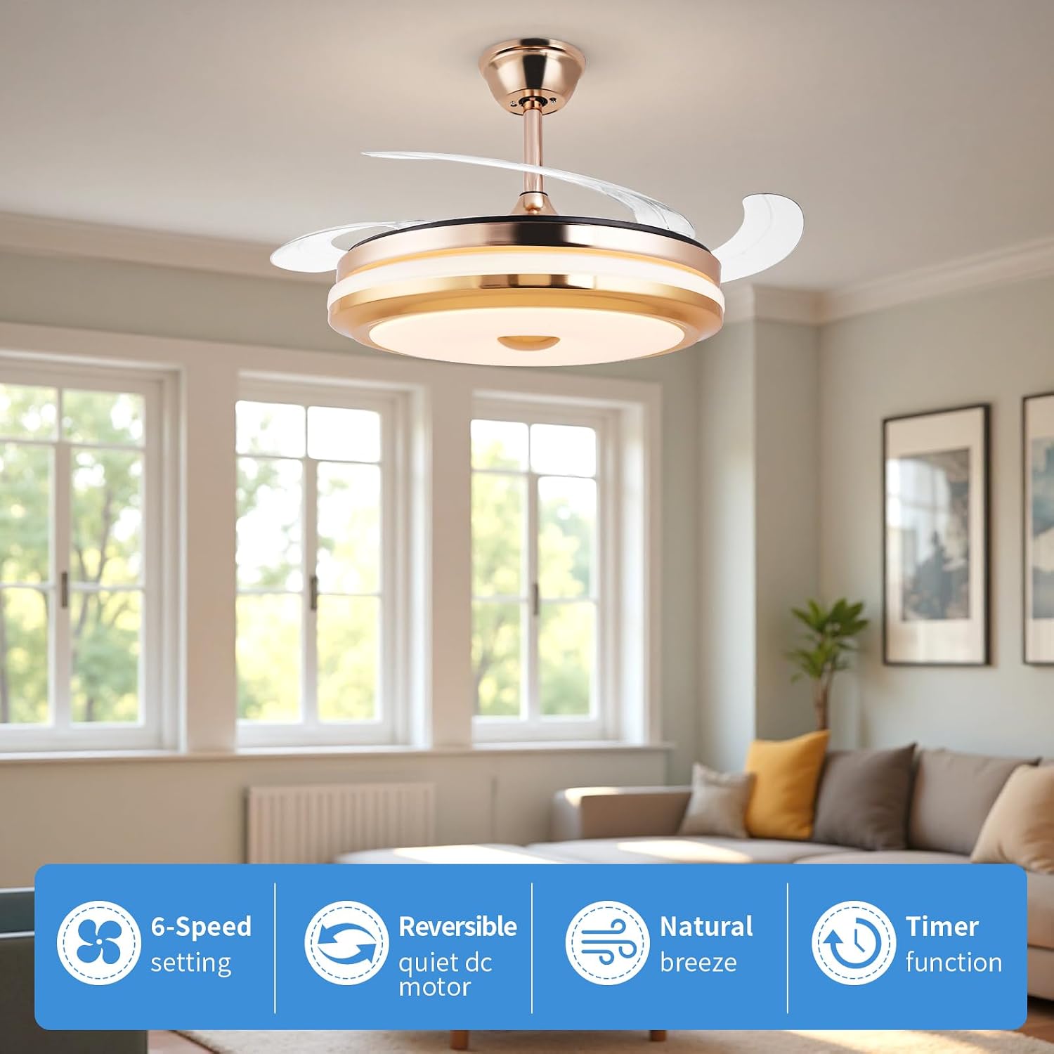 Retractable Celling Fan with Light, 42 Inch Fandelier Ceiling Fan for Bedroom Living Room Dining Room, 6 Speed & Dimmable LED Light (Brushed Nickel, Model 2)