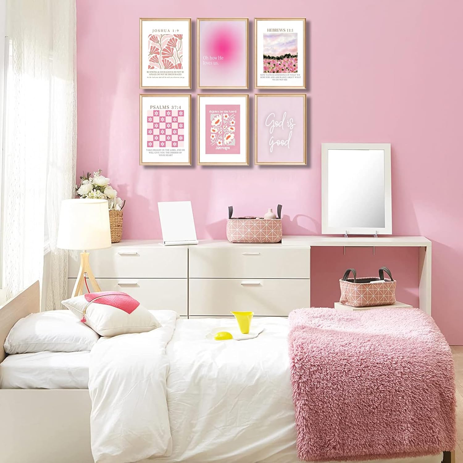 6Pcs Pink Christian Wall Art Bible Floral Wall Decor Pictures Trendy Preppy Canvas Posters Prints for Girls Bedroom Apartment Dorm Decorations Unframed