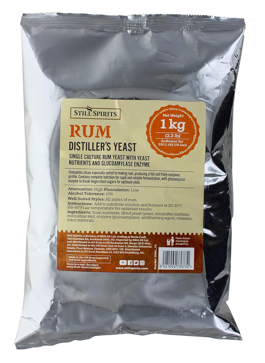 STILL SPIRITS RUM DISTILLER'S YEAST 1 Kilogram Makes 92 gallons of Rum Mash