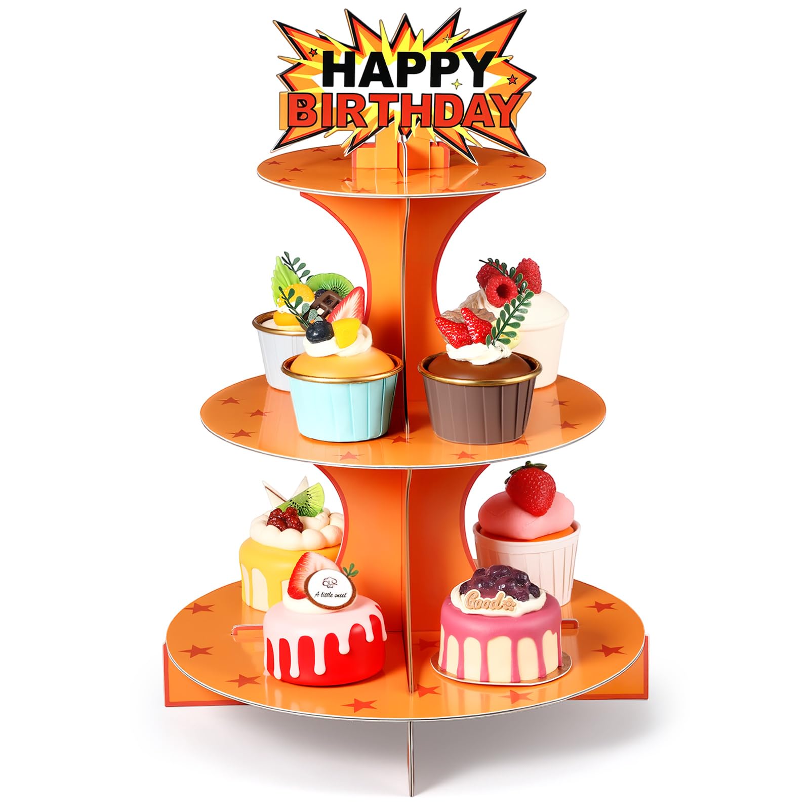 Photo 1 of Oudain Anime Theme 3-Tier Cupcake Stand Orange and Red Stars Print Themed Cardboard Cupcake Tower for Cartoon Truck Theme Birthday Party Decor