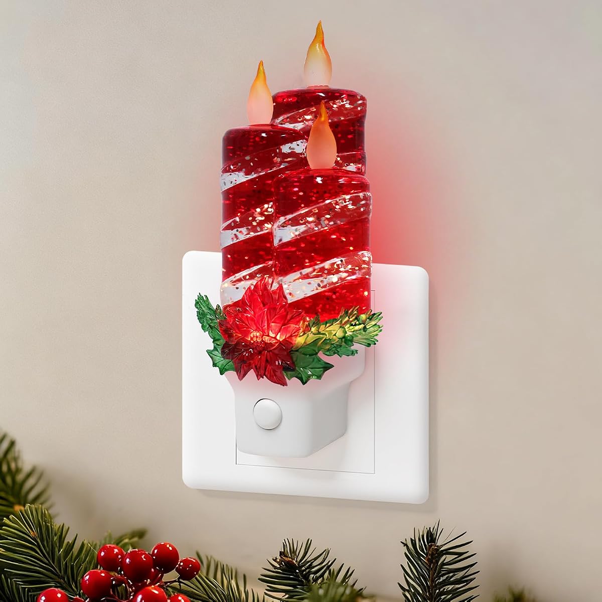 Christmas Candle Night Light Plug into Wall Glitter Water Nightlight with