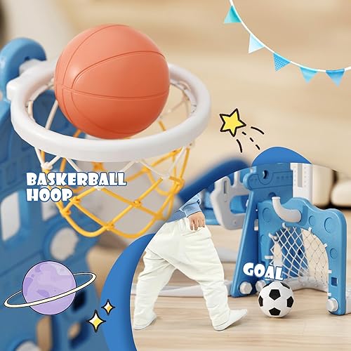 Miniatura 7 de YUFU Juego de tobogán y columpio 4 en 1 para niños pequeños con escalador, columpio, aro de baloncesto, juego para interiores y exteriores para