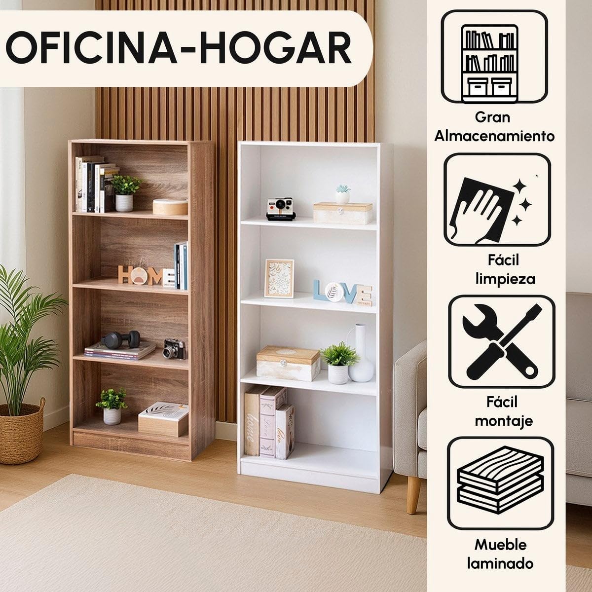 Estantería librería de 4 estantes en MDF color natural de 147x60 cm