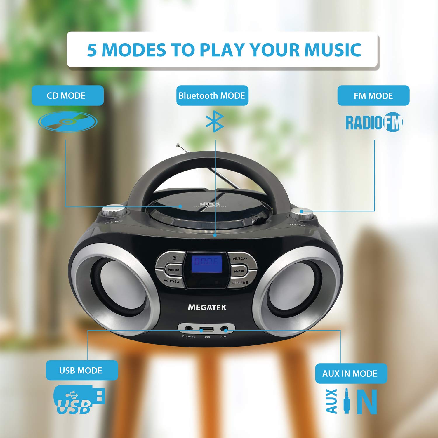 Buy MEGATEK Portable CD Player/Radio/Bluetooth Boombox with Enhanced