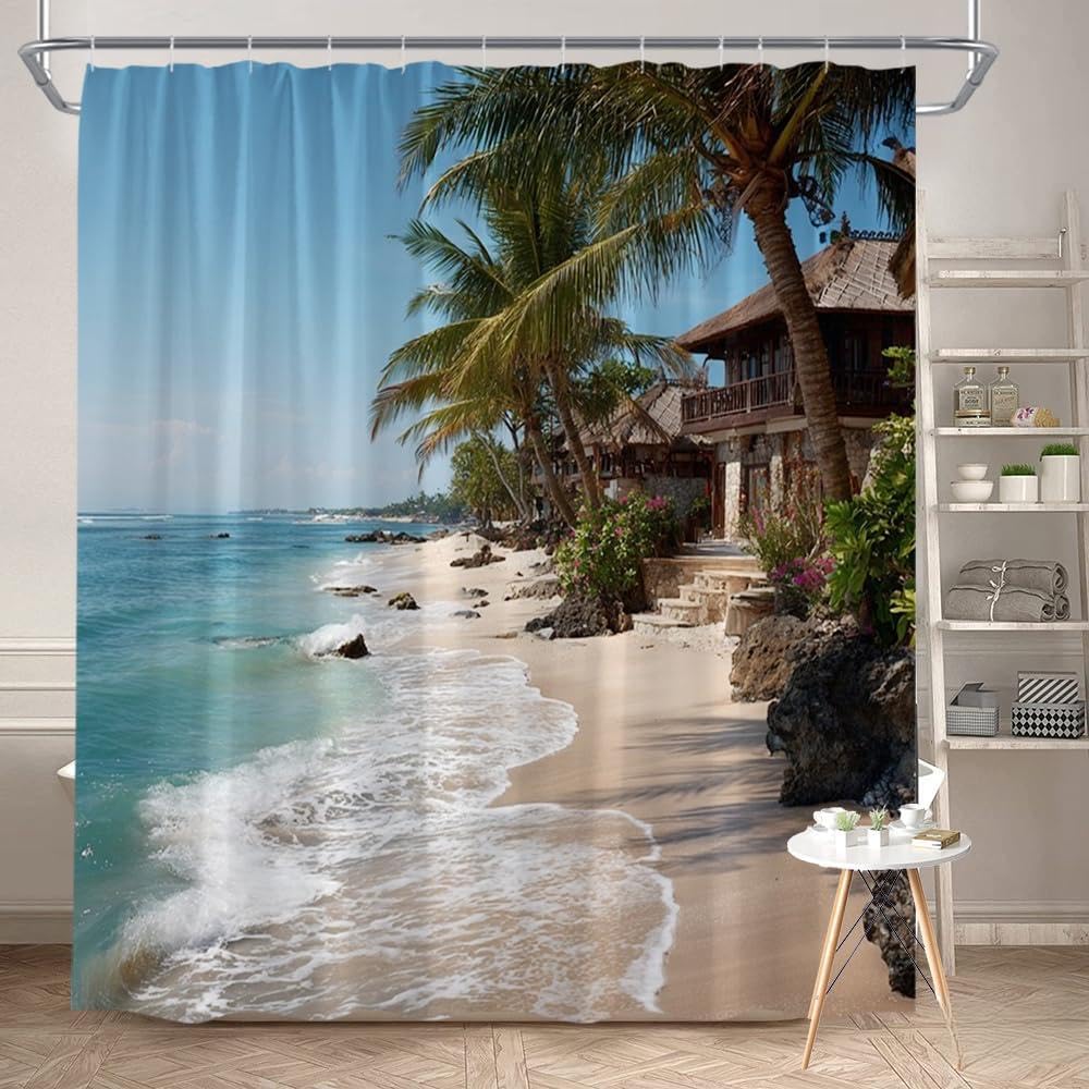 GLWDMB 1 Piece 150x180CM Beautiful Ocean View Printed Shower Curtain With Hook, Polyester, for Windows And Walls, Bathtub, Bathroom, Machine Washable, All Season Universal