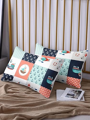 Miniatura 6 de HOSIMA Juego de ropa de cama tamaño individual náutico, diseño de retazos a cuadros pintado a mano, sábana bajera ajustable de barco y ancla para