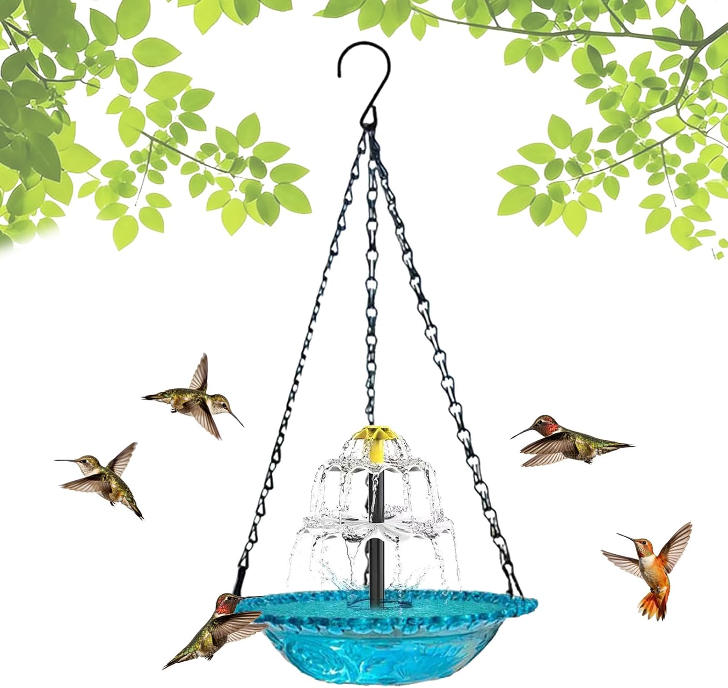 Solar Cascade Hanging Bird Bath Fountain, Outdoor Hanging Bird Bath with Solar Fountain, Large Humming Birds Baths Fountains, with Solars Pump & Glass Bowl, for Outdoor, Gardens (Blue B)