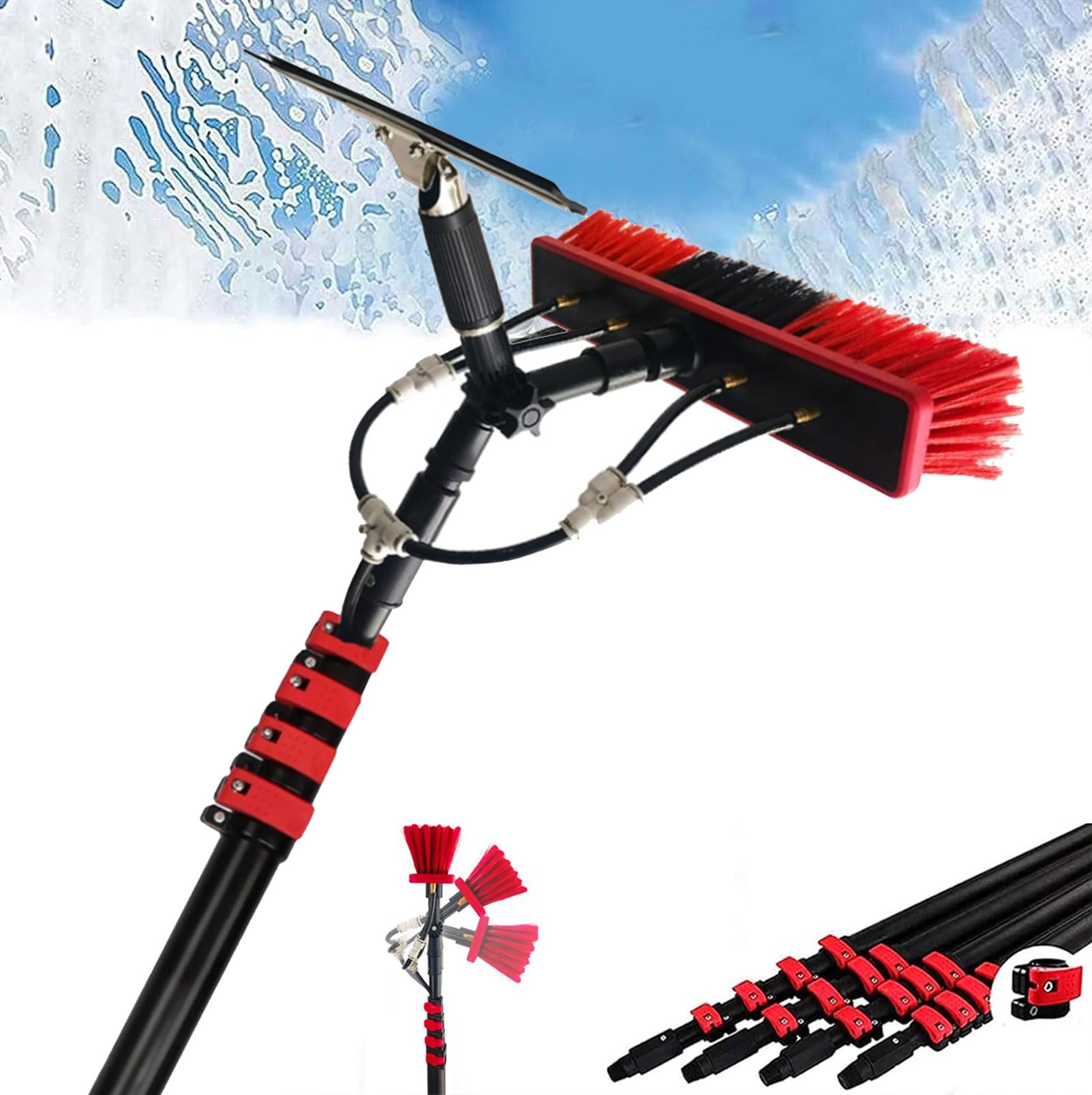 HYLWSXVP Water Fed Pole Kit for Window Cleaning - 36ft Extendable Telescopic Brush with Squeegee for Outdoor Glass and Solar Panel Cleaning