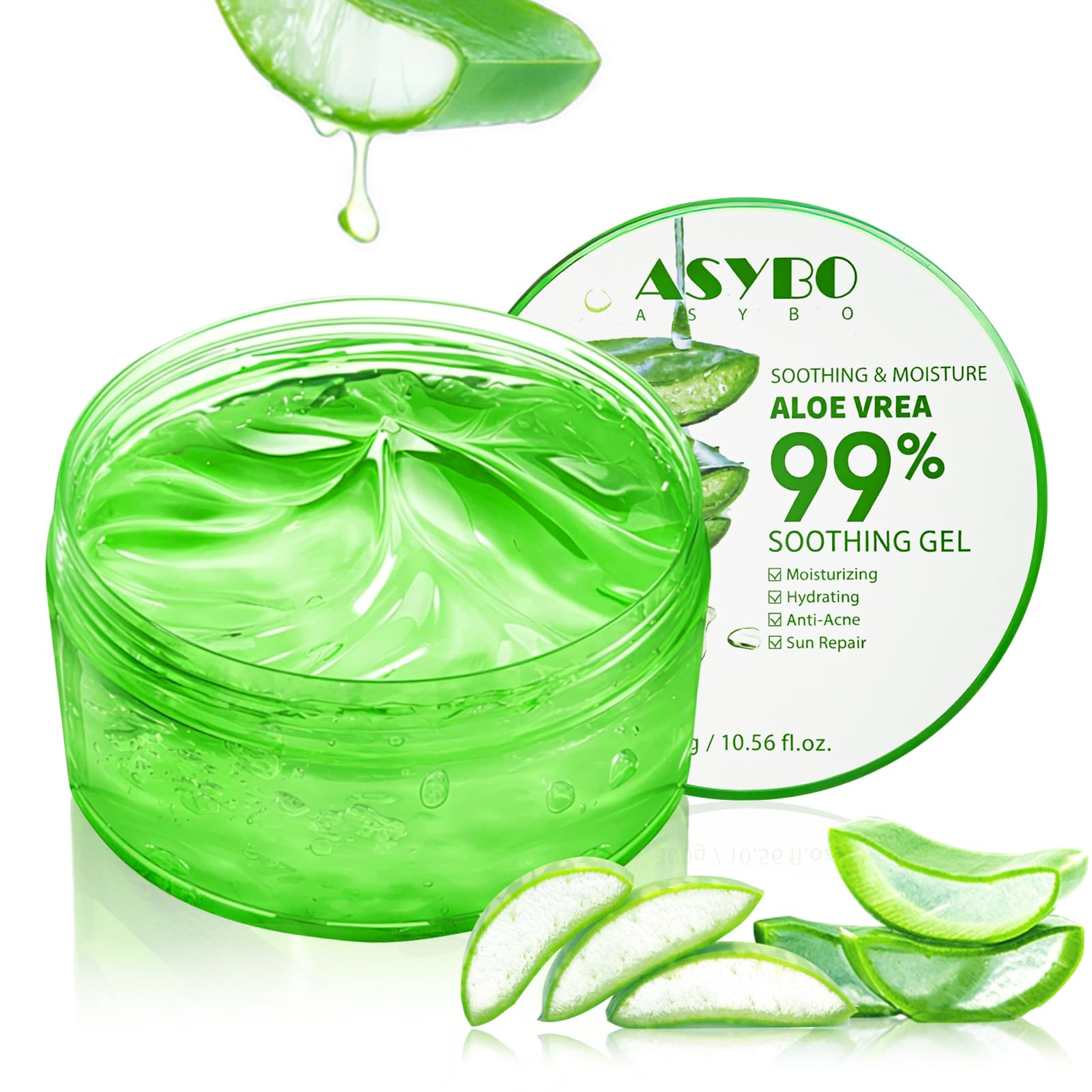 ASYBO 300 ML Natural Aloe Vera Gel -Organic Moisturizing Cream, Soothing and Hydrating, Sunburn and Scar Repair, Care for Face Body Hair