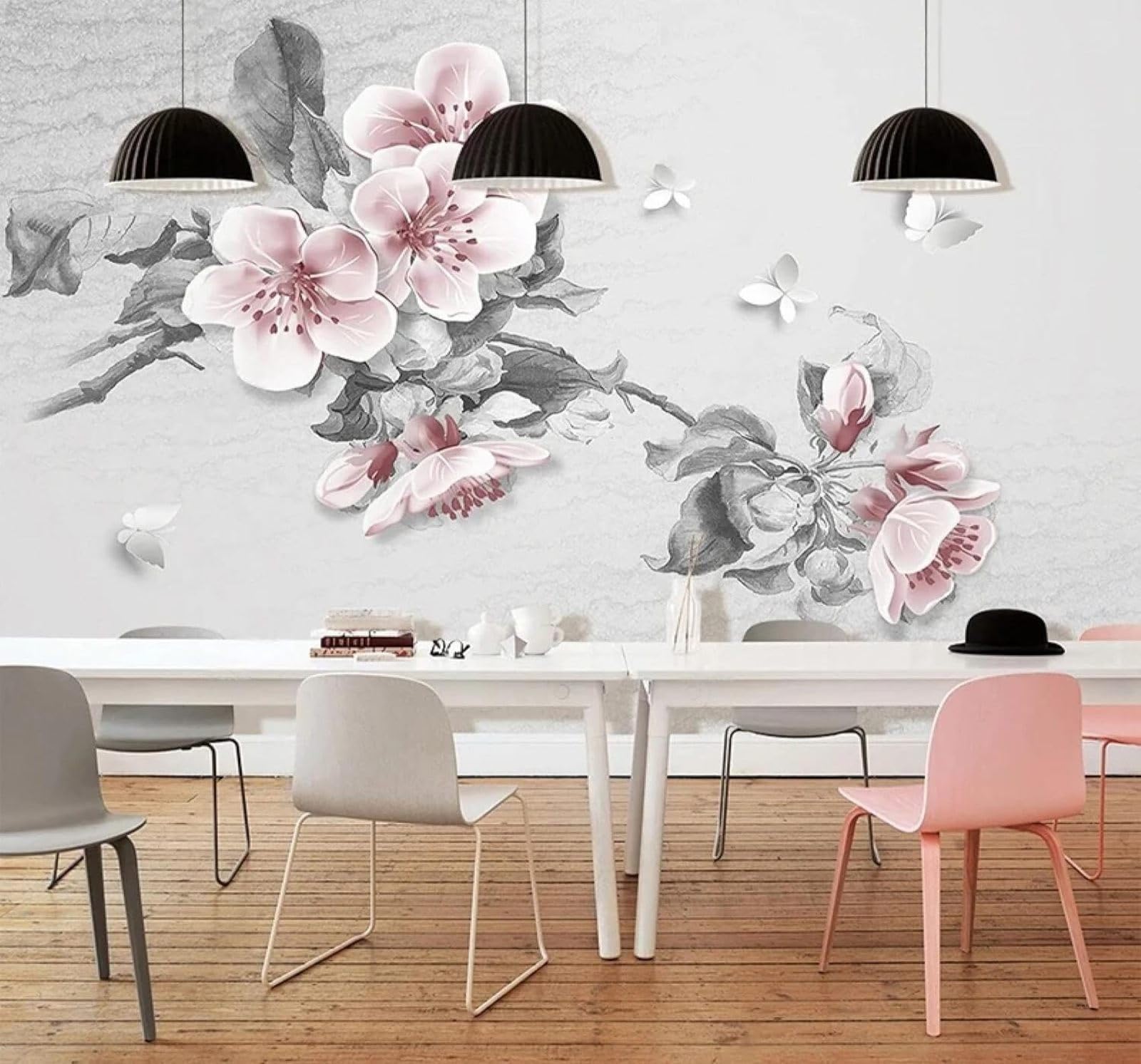 XLMING Hand Drawn Branches Pink Peach Blossoms Butterflies 3D Wallpaper Luxury Home Dining Decor Paste Sofa Living Room The Wall for Bedroom Mural-250cm×170cm