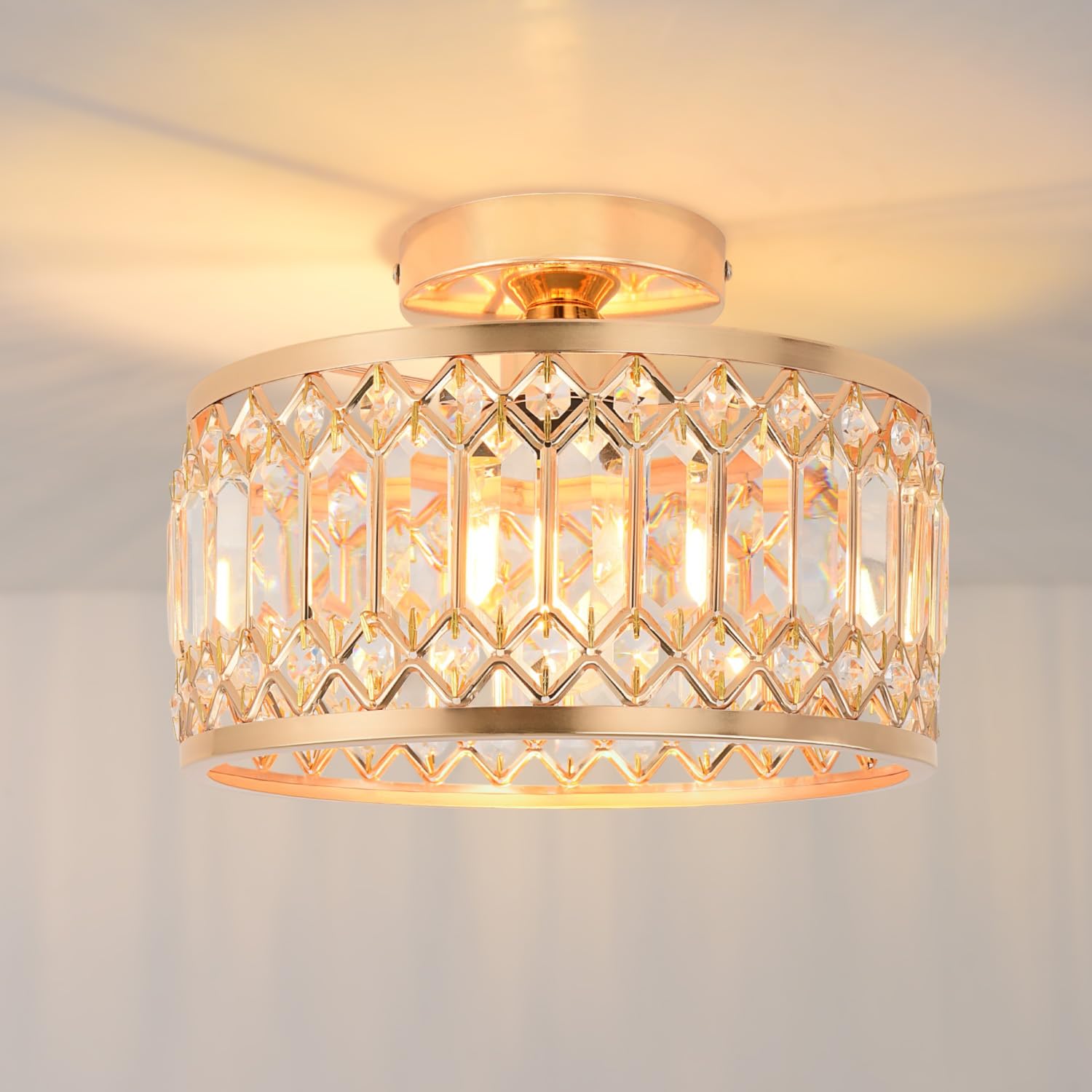 ANWIO Lamparas de Techo Dorado, Candeeiro Teto de Cristal, Lampara Salones Techo con 1 E27 Base, Plafones de Techo Modernos para Dormitorio,Pasillo,Entrada,Cocina,Comedores(27CM, Sin Bombilla)