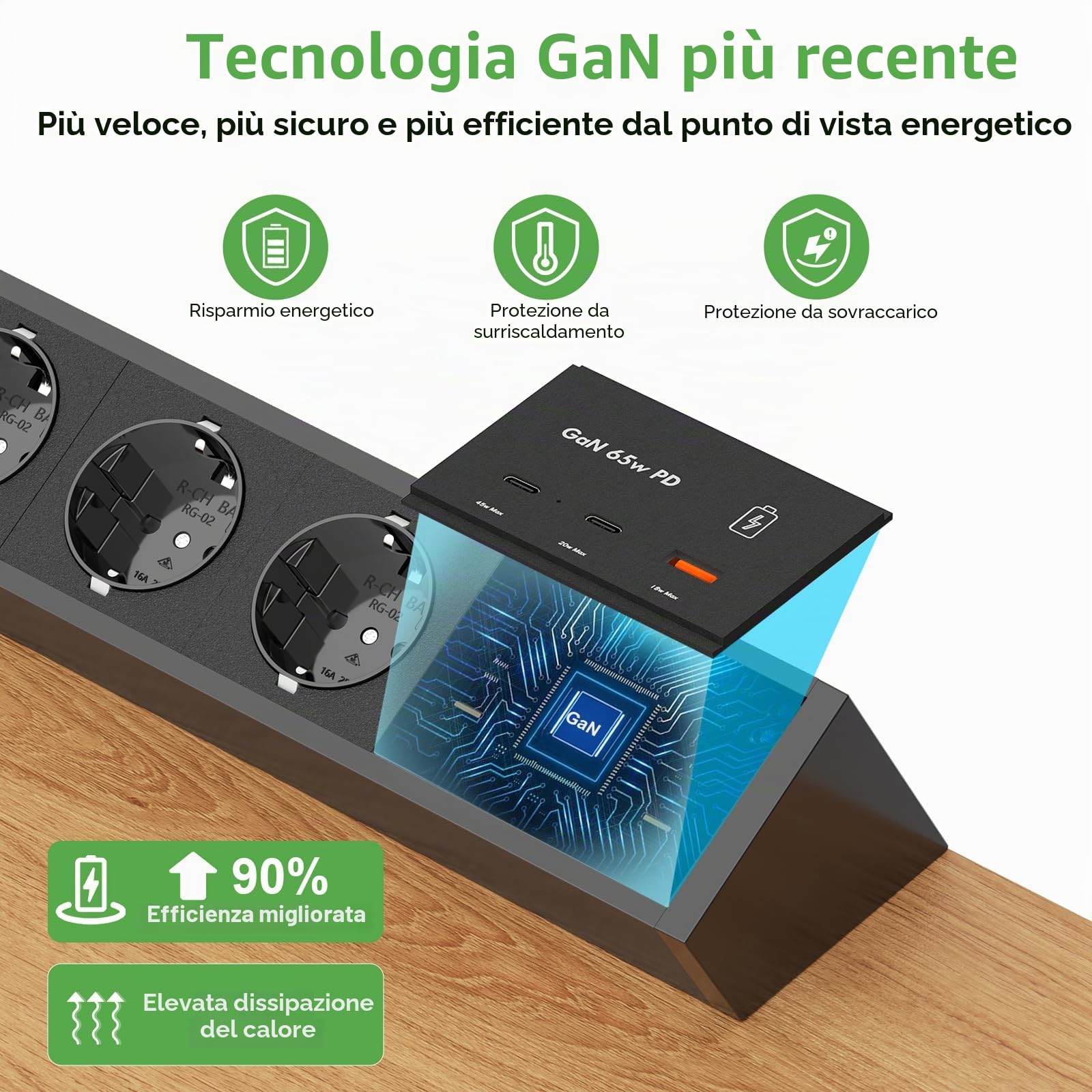 HANNELORE Presa da Tavolo con 2 USB C PD 65W, Alluminio Presa Multipla da Tavolo a 3 Vie Cavo 3 m, Presa da Tavolo Presa Multipla per mobili o Piani di Lavoro
