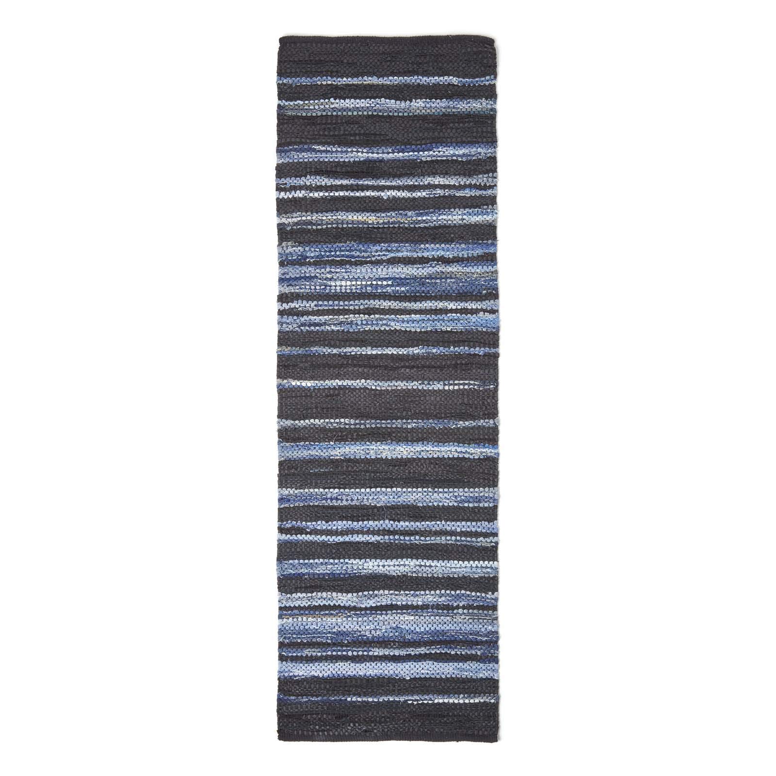 Homescapes Teppichläufer Texas 66x200 cm – Flickenteppich blau gestreift, handgewebt im Chindi-Stil aus recyceltem Leder & Denim mit Unikat-Charakter
